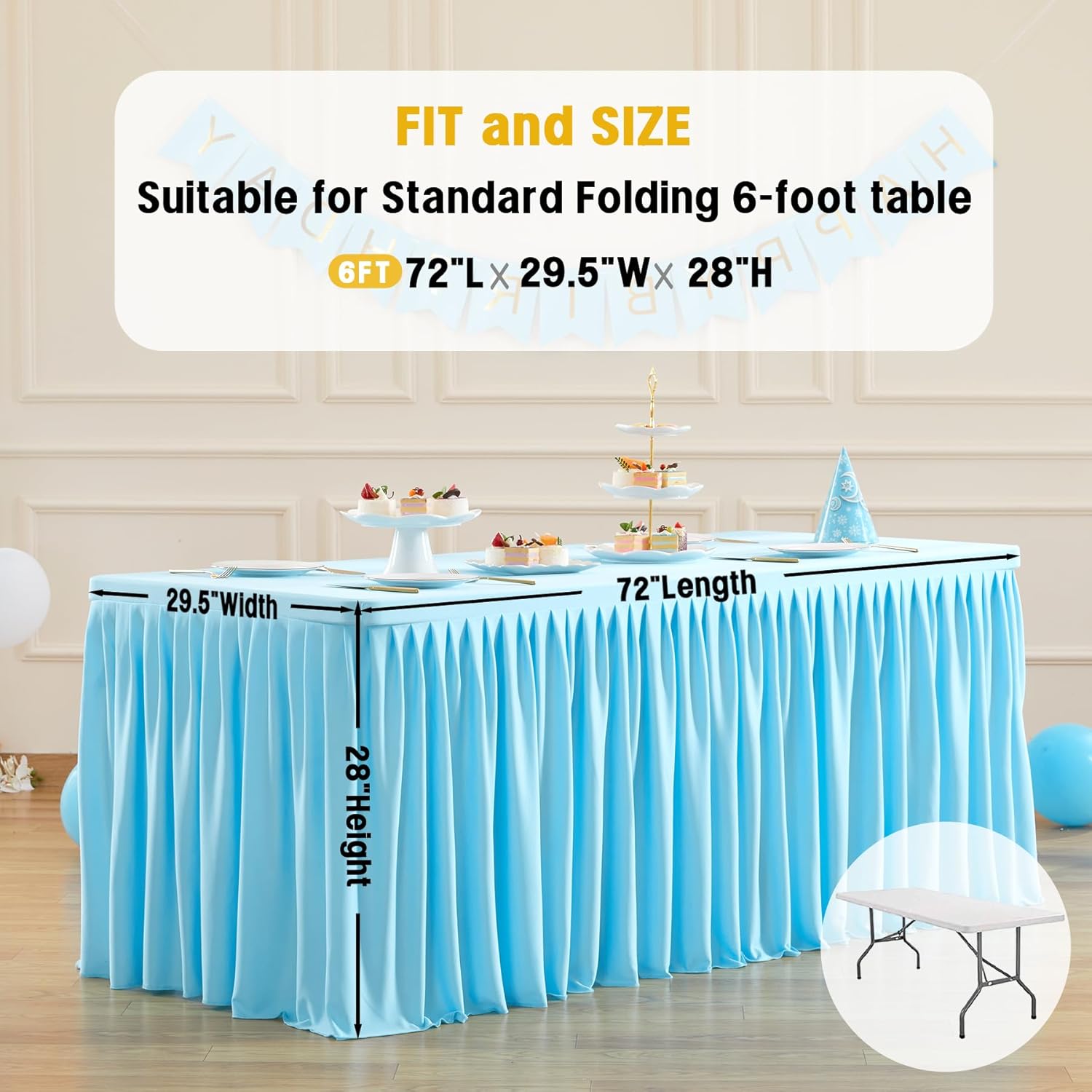 Suppromo 5 Pack 6ft Baby Blue Tablecloths for Rectangle Tables Fitted, Open Back Stretch Light Blue Ruffle Tablecloth for Baby Shower Birthday Party Spandex Table Cover for Banquet Events Decorations