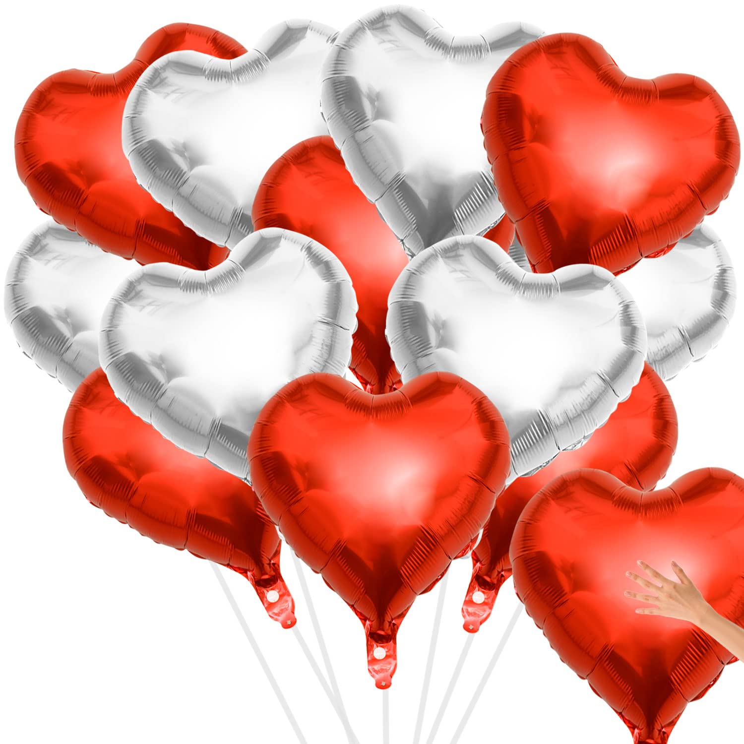 12 Pieces 32'' Large Heart Shaped Balloons Huge Foil Balloons Valentine's Day Balloons Red Silver Heart Balloons for Wedding Engagement Anniversary Decor Party Favor Supplies (Red, Silver)