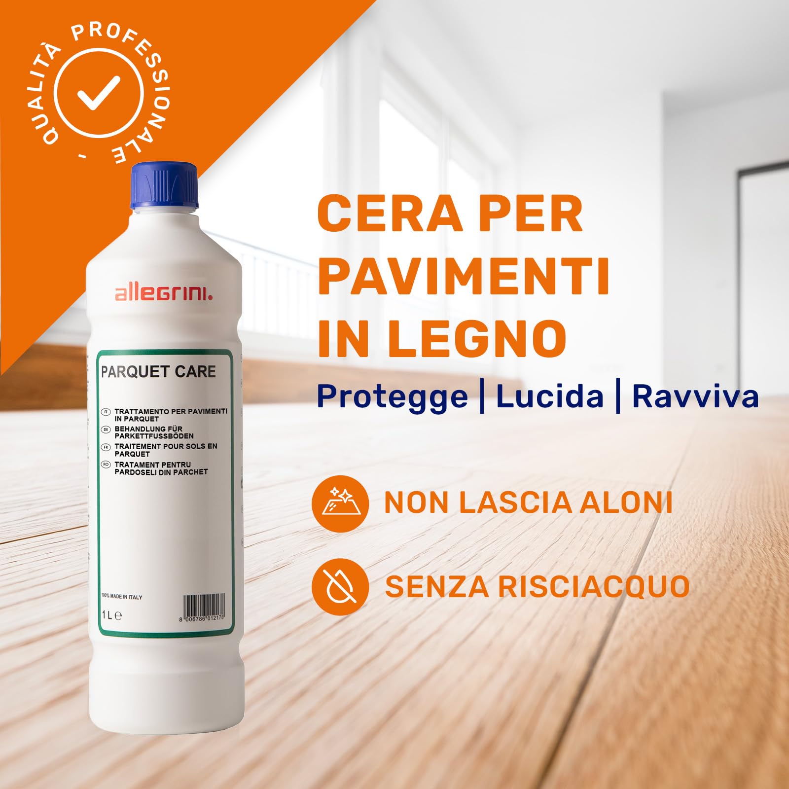 Allegrini Cera Parquet Ripara Graffi e Lucida Pavimento in Legno Rovinato Rinnova e Ravviva Ideale per Riparazione e Trattamento di Superfici in Laminato 1000 ml