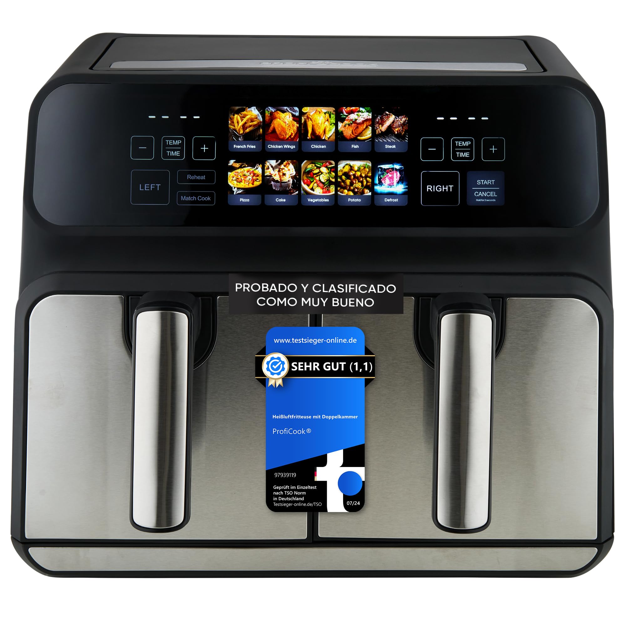 Proficook PC-FR1287H Freidora de aire caliente de 8 litros, 2 recipientes de 4 litros, acero inoxidable, 9 programas automáticos, ahorro de energía, apagado automático