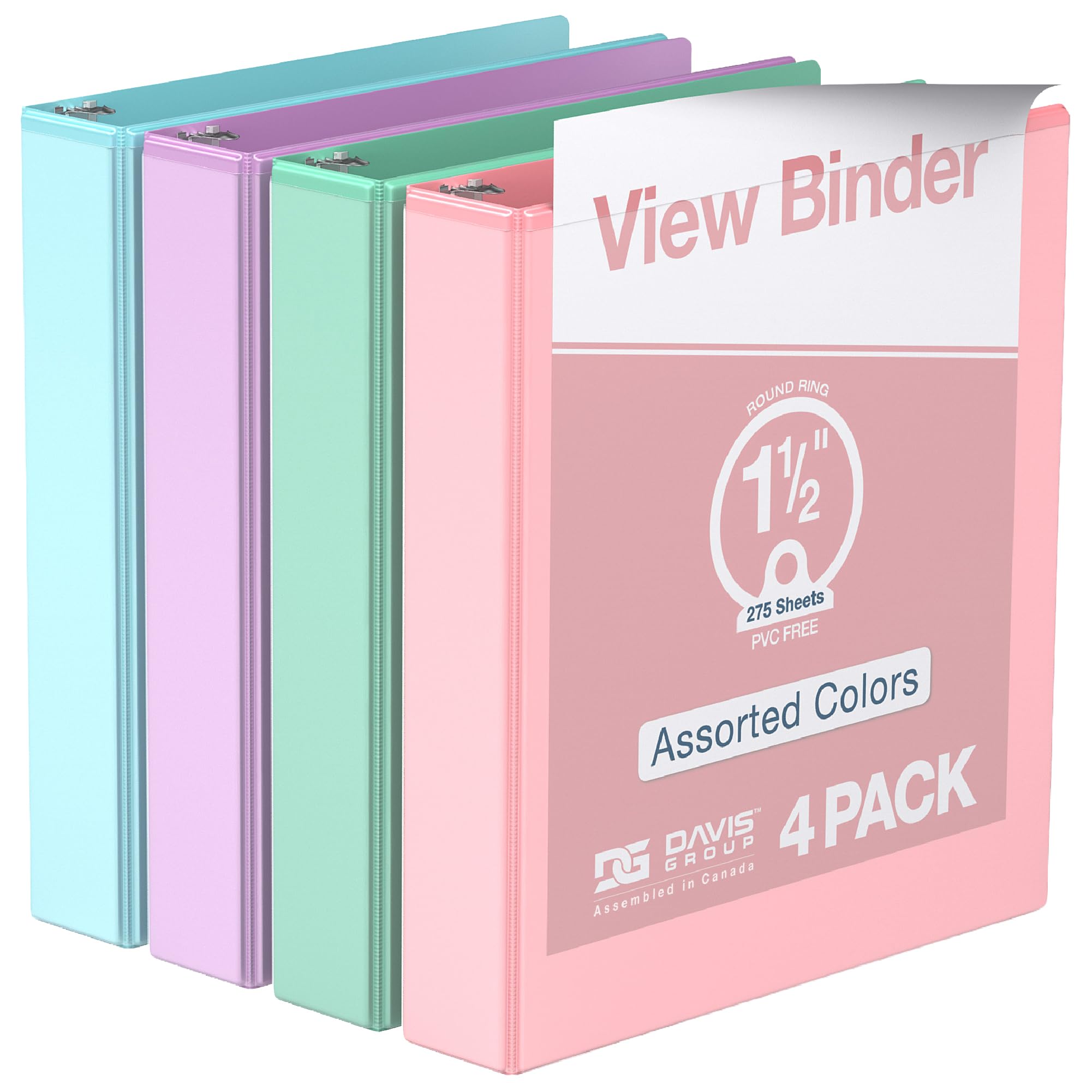 Confezione da 4 raccoglitori ad anelli con copertina trasparente e tasche interne, colori pastello, 3,8 cm, assortiti
