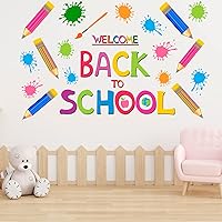 Vista 3 de Calcomanías de pared de bienvenida de regreso a clases, calcomanías de pared de crayón de colores para el primer día de escuela, murales de pared