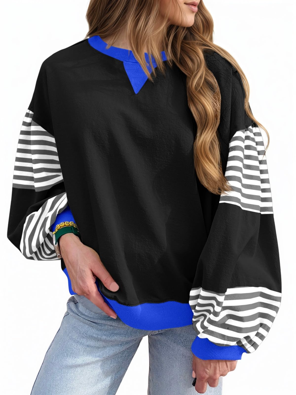 Fisoew Womens Color Block Oversized Sweatshirt Casual Lantern Long Sleeve Crewneck Striped Pullover Tops Fall Outfits Black