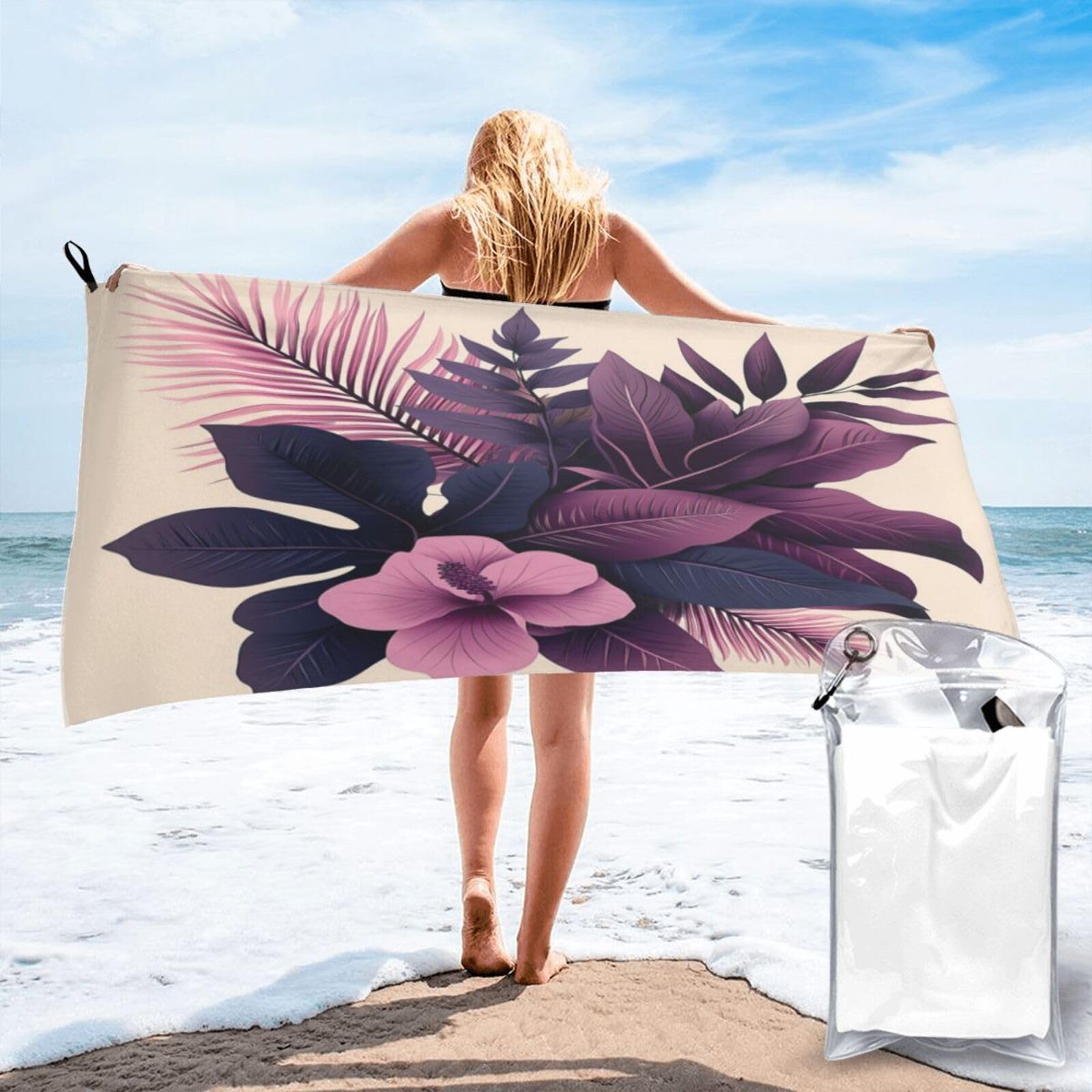 Anceky Digital Floral Illustration with Hibiscus Quick Dry Microfiber Travel Towel with Carry Case and Carabiner 27.5"X55"