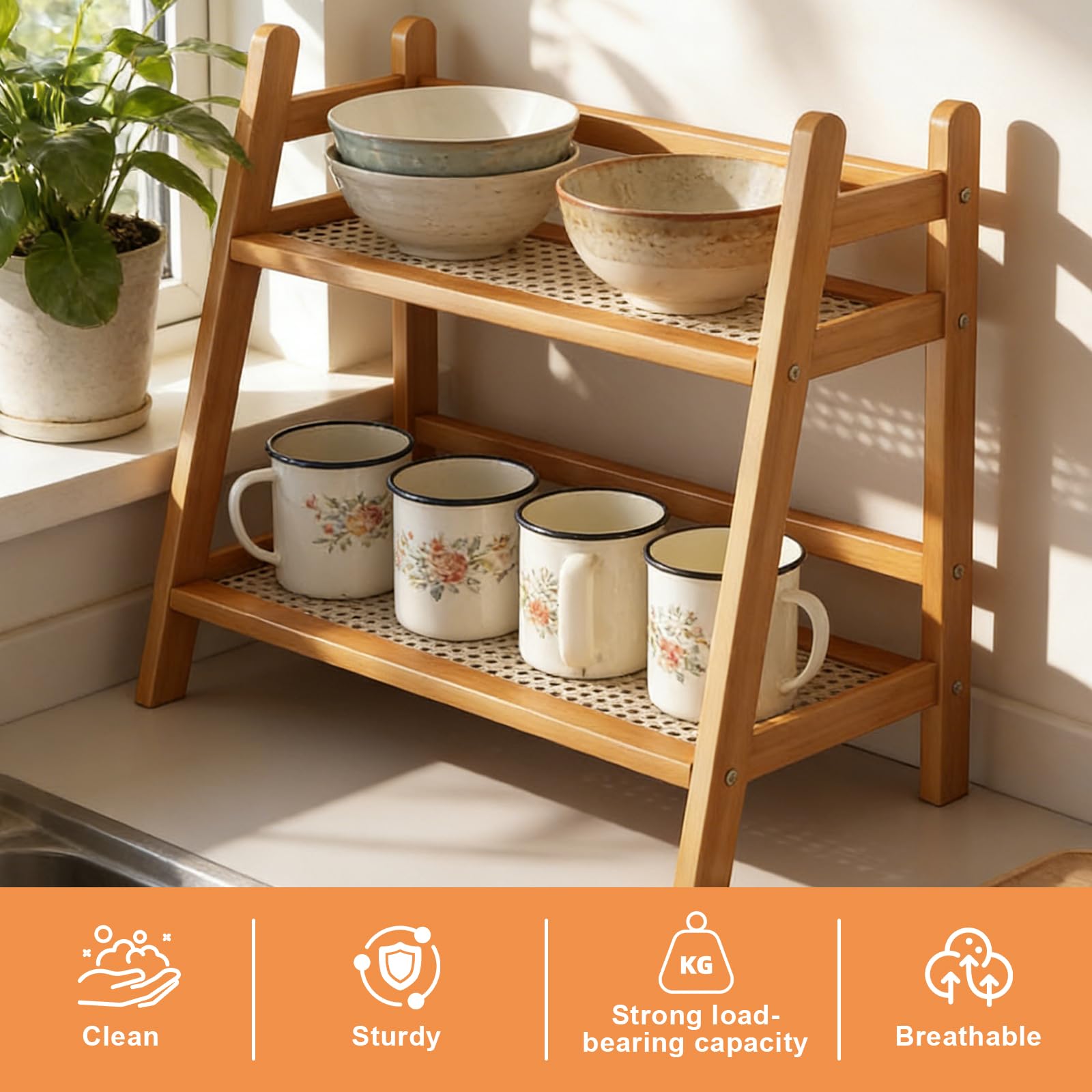 Euablfo Organizer da Cucina a 2 Ripiani, in Bambù, Imitazione Rattan, Contenitore per Tazza di Caffè, Portaspezie, Armadio, Cucina, Organizer per Tè, Porta Tazze,Soggiorno, Ufficio