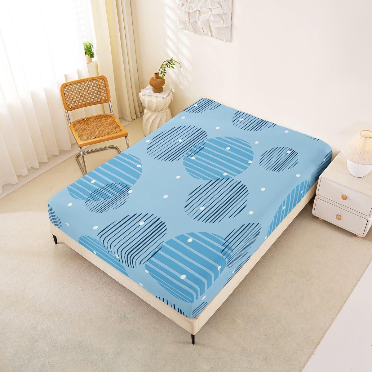 Erosebridal Geometric Fitted Sheet Full Circle Bed Sheets for Kids Teens Baby Blue Bedding Set Bohemian Abstract Sheets with Pocket