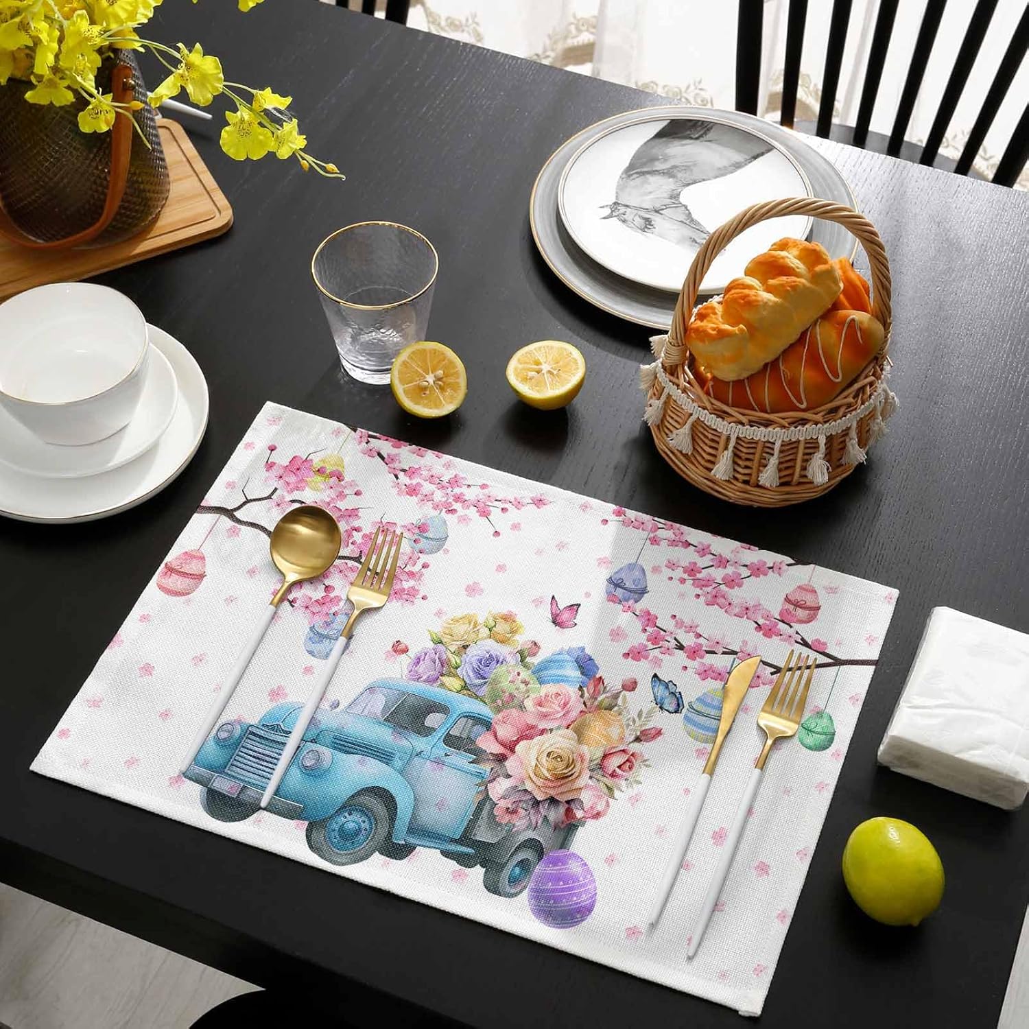 Easter Placemats Set of 6 Blue Truck Easter Eggs Easter Placemat for Table Butterfly Flower Cherry Blossom Non Slip Heat Insulation Washable Table Mats for Seasonal Spring Holiday Party Home Decor