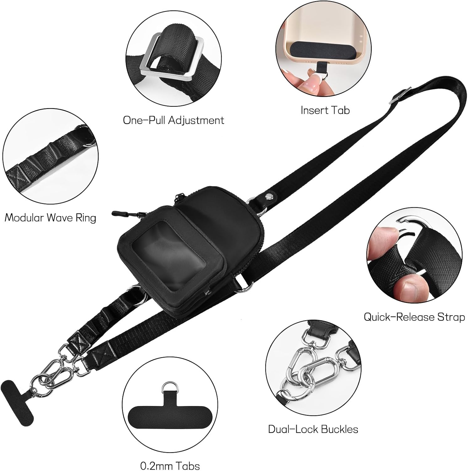 AIRSPO Clip and Go Strap for Phone with Wallet Crossbody, 3-in-1 Convertible Waist Bag with Detachable ID Window Case & Adjustable Strap (Black)