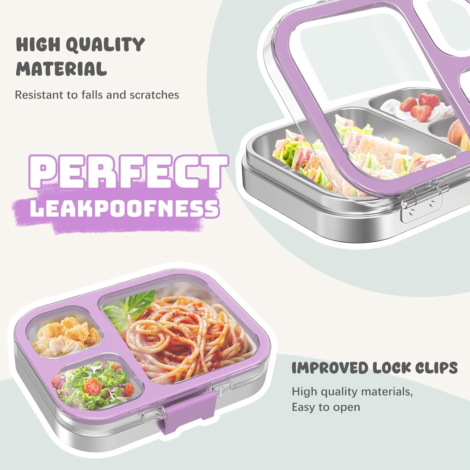 Kids Stainless Steel Lunch Bento Box BPA-Free Leak-Proof Tritan Lid 304 Metal Food Container with 3 Compartments for Girls Boys School Purple