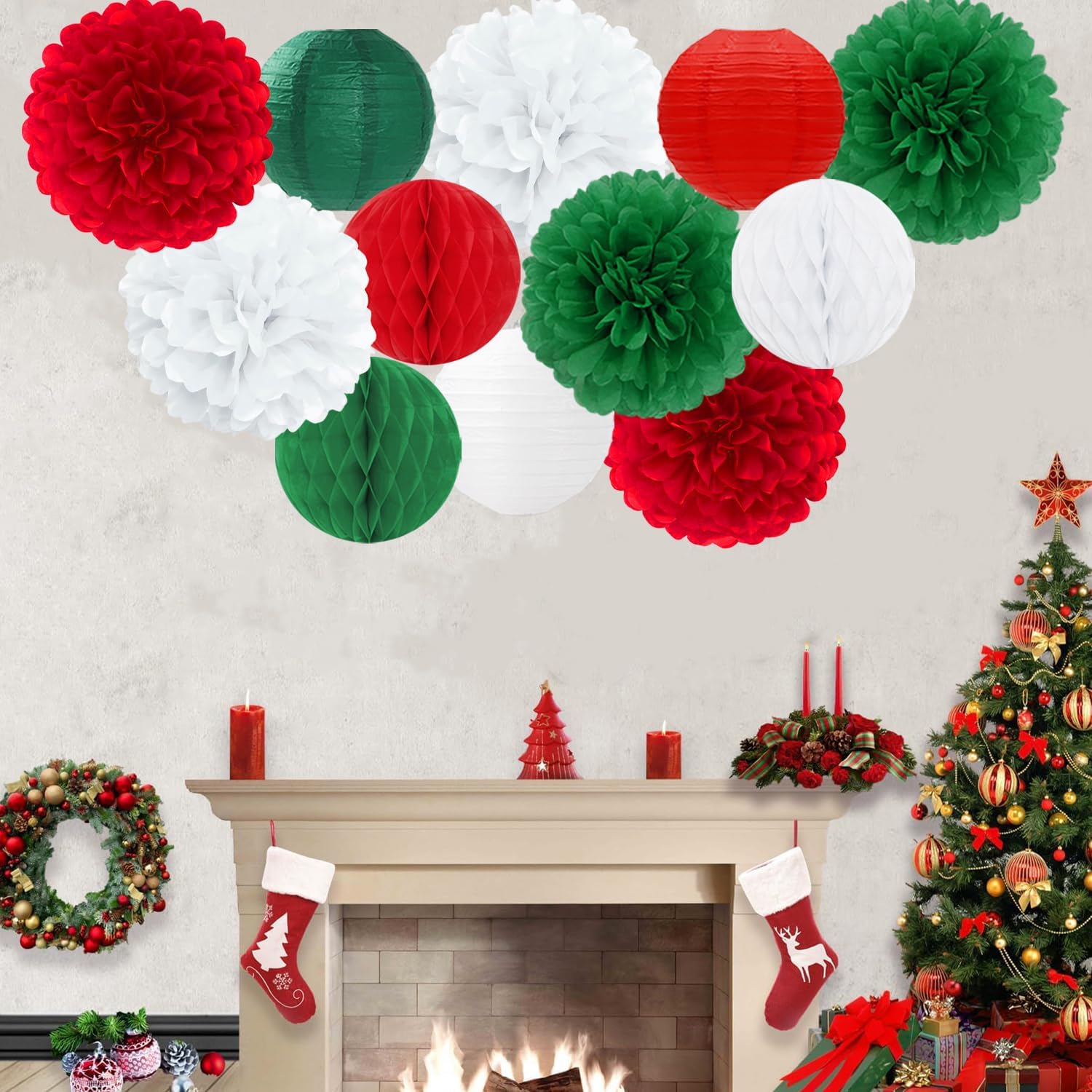 Red Green White Paper Flowers Tissue Pom Poms Honeycomb Lanterns 15pcs Christmas Party Decorations Mexican Italian Birthday Wedding Baby Shower Bachelorette Hanging Supplies Mprocherify