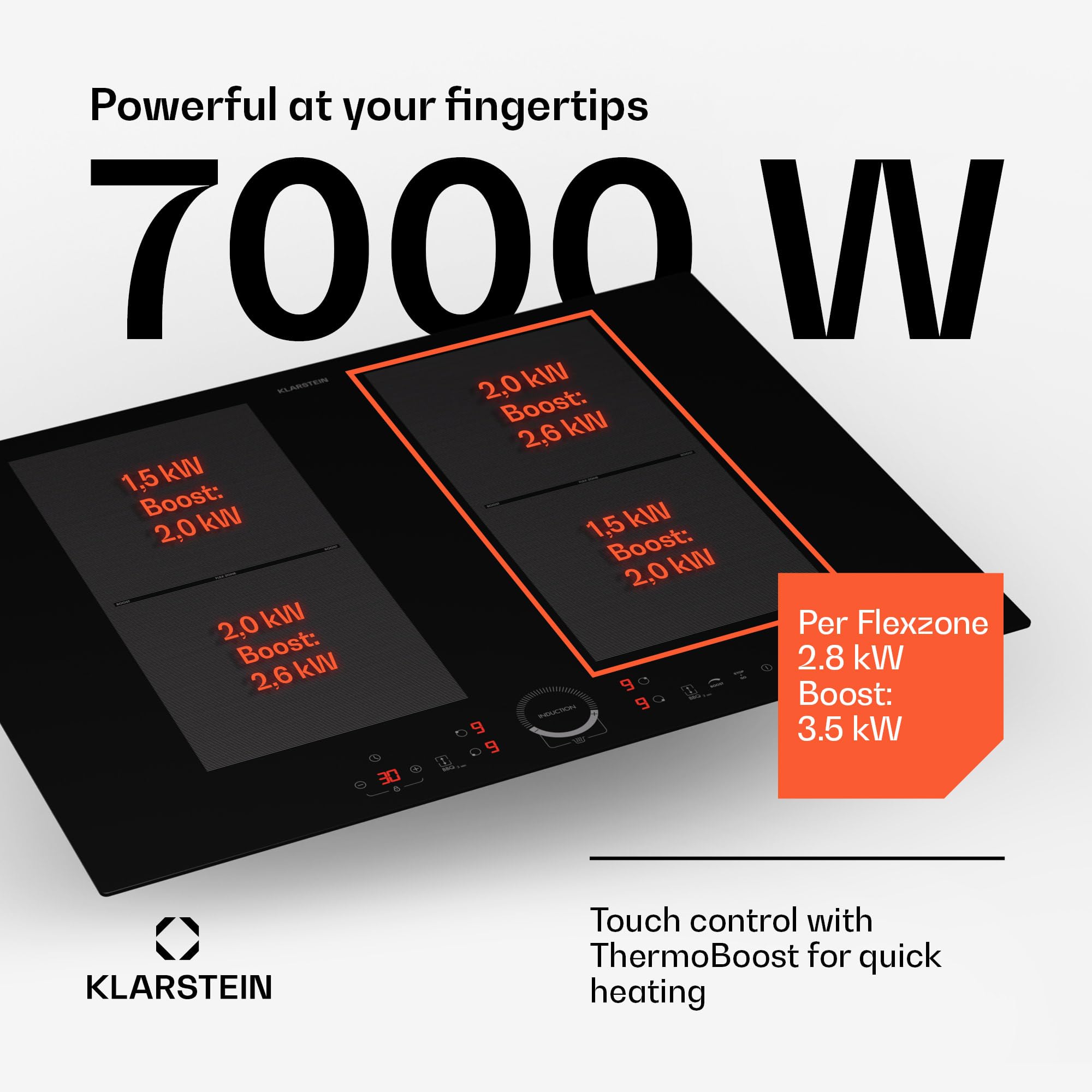 Klarstein Płyta indukcyjna, Płyta ze szkła ceramicznego, 7000W płyta indukcyjna z 4 polami, Płyta do zabudowy z wyświetlaczem dotykowym i timerem, Nowoczesne płyty z zabezpieczeniem przed przegrzaniem