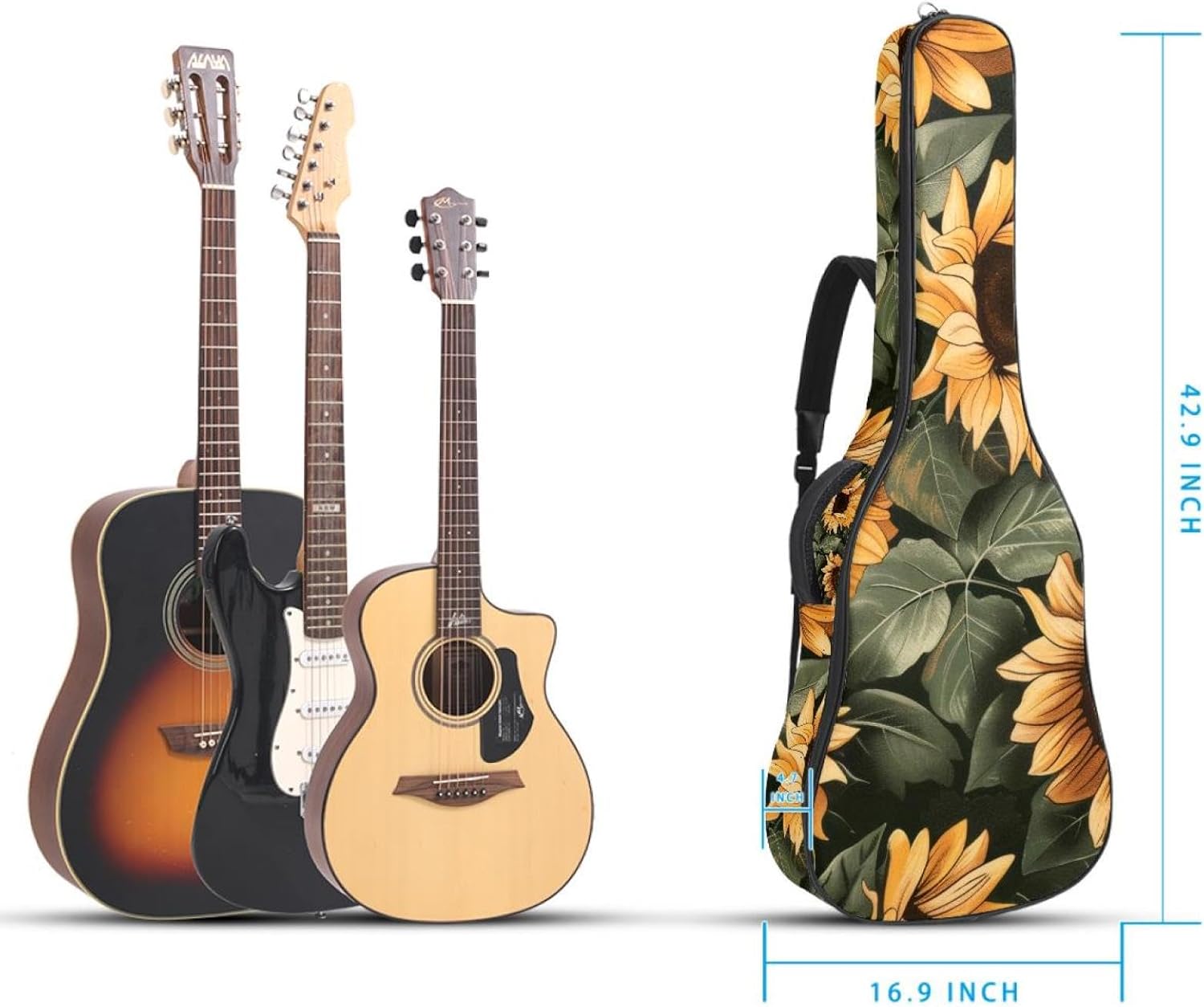 Acoustic Guitar Bag 0.4 Inch Thick Padding Waterproof Guitar Case Gig Bag for 40 41 42 Inch Electric Bass Classical Guitar, Sunflower Leaves Pattern