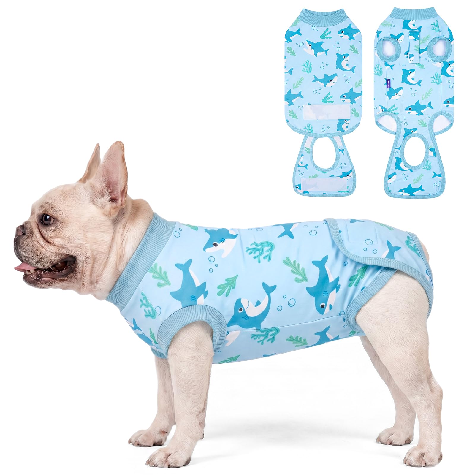 cyeollo Dog Surgery Recovery Suit, Soft Surgical Body Suits for Female Male Dog, Comfy Spay Neuter Onesie for Small Dogs, E-Collar &amp; Cone Alternative, Anti-Licking Wound Puppy Clothes, Shark XS