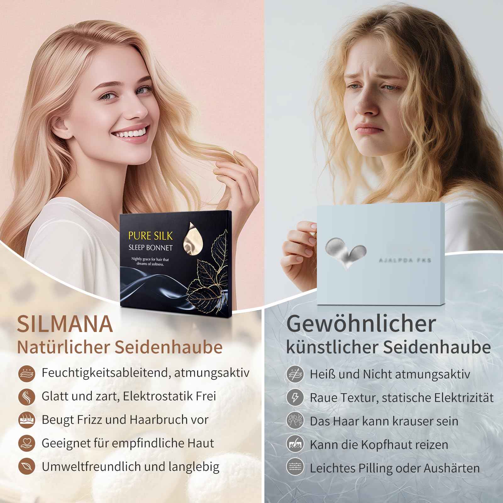 Seidenhaube zum Schlafen, 100% Maulbeerseide Haarhaube, 22 Momme Doppellagig Beidseitig Nutzbar, Schützt Haare im Schlaf, zum Schlafen für Langes Haar and Locken