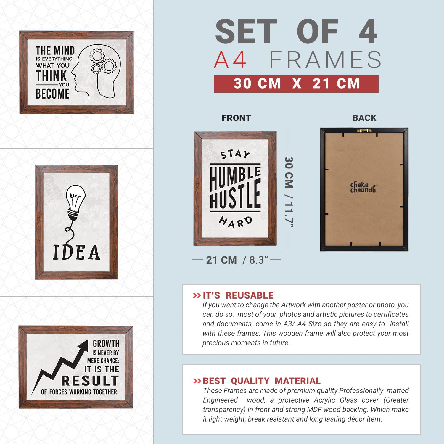 Chaka Chaundh Marcos de citas de oficina, marcos de pared con citas motivacionales para oficina, marco de pared con citas de negocios, póster de pared con citas de oficina (juego de 8, citas de