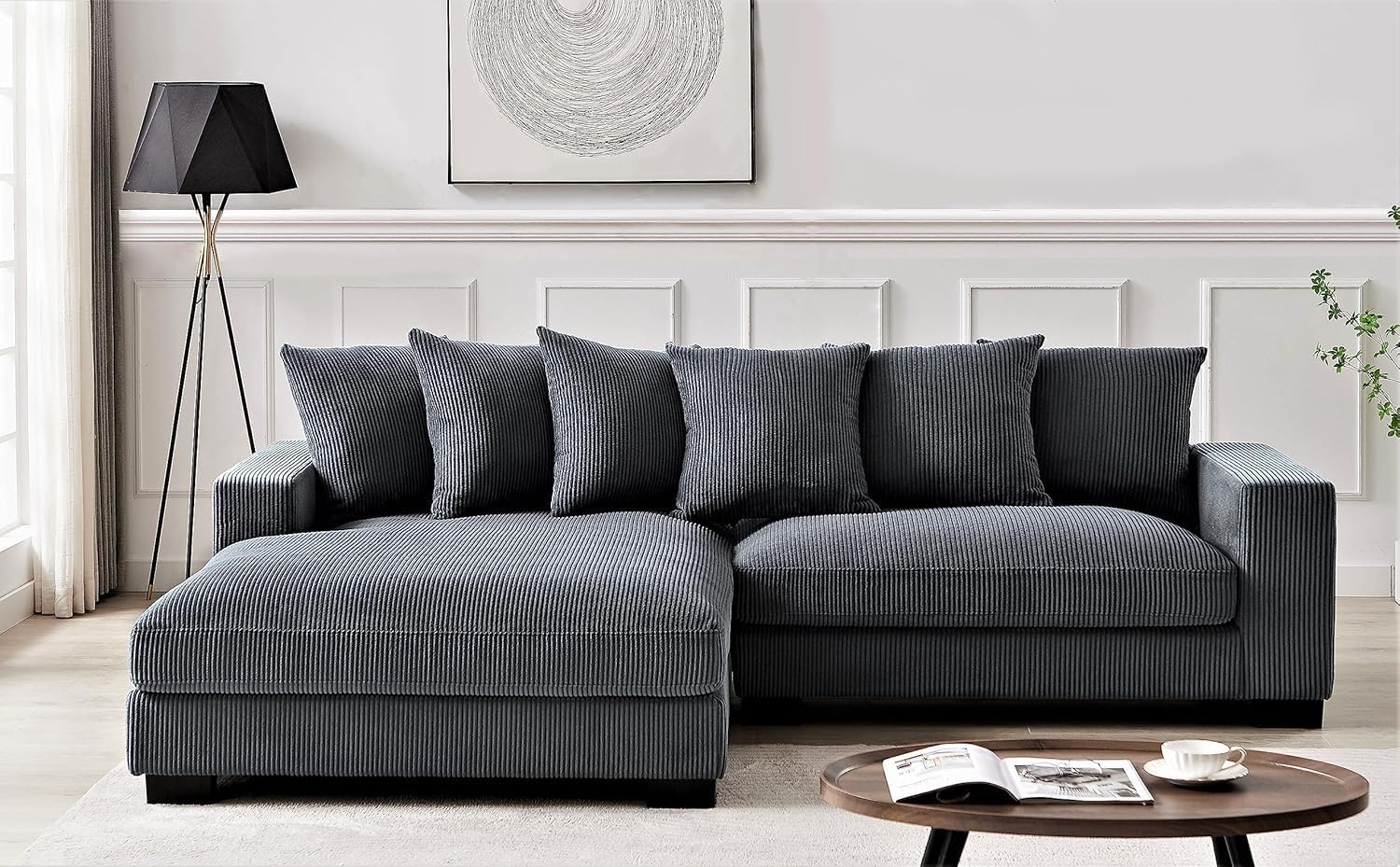 Elegance Grand L-Shaped Sectional Sofa with Chaise, Plush Corduroy Upholstery, 102.4" Luxury Couch for Living Room, Grey - Left Facing