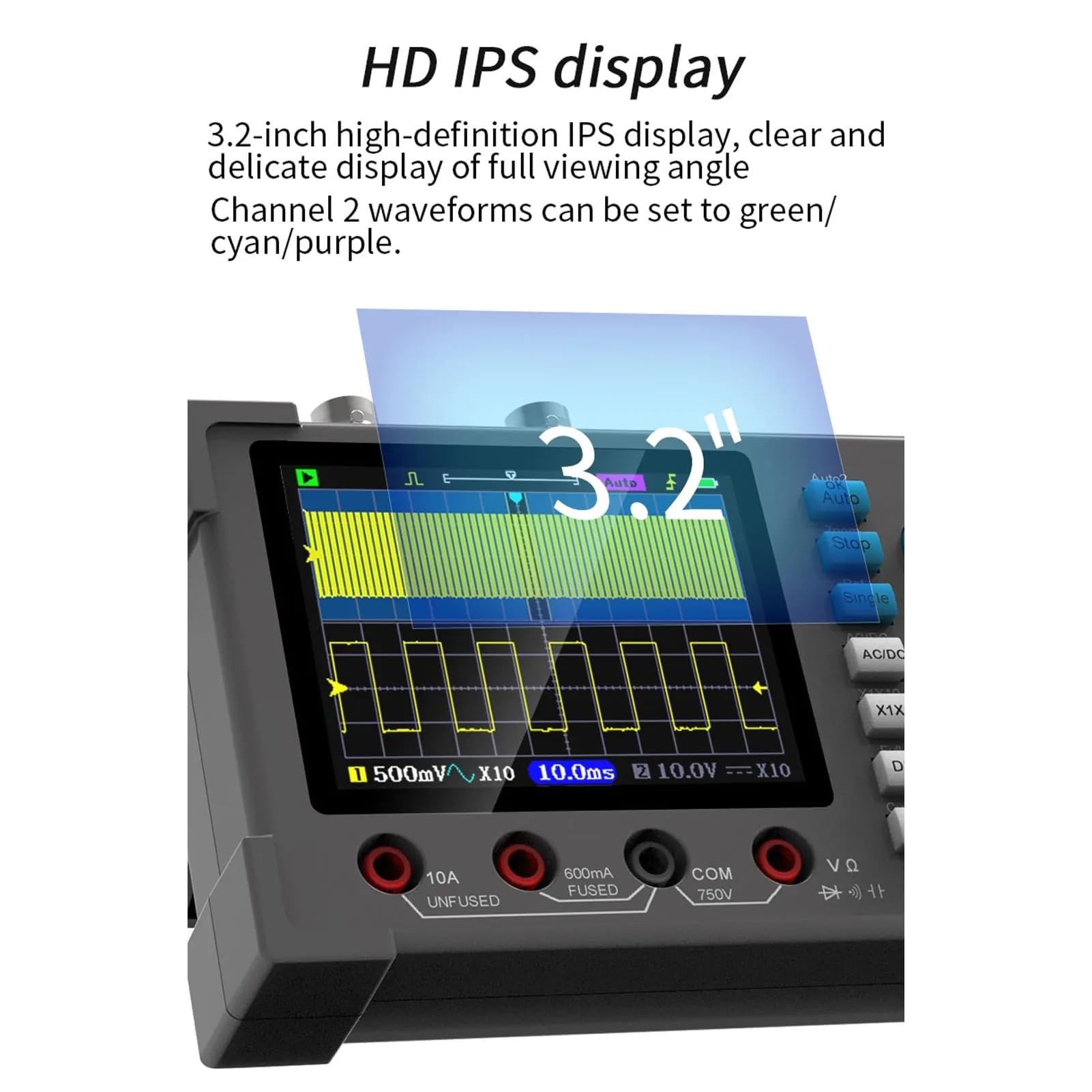 Generador de señal multímetro de osciloscopio digital portátil 3 en 1, ancho de banda de 120 MHz 250 MSa/s de 2 canales con pantalla IPS de 3,2"