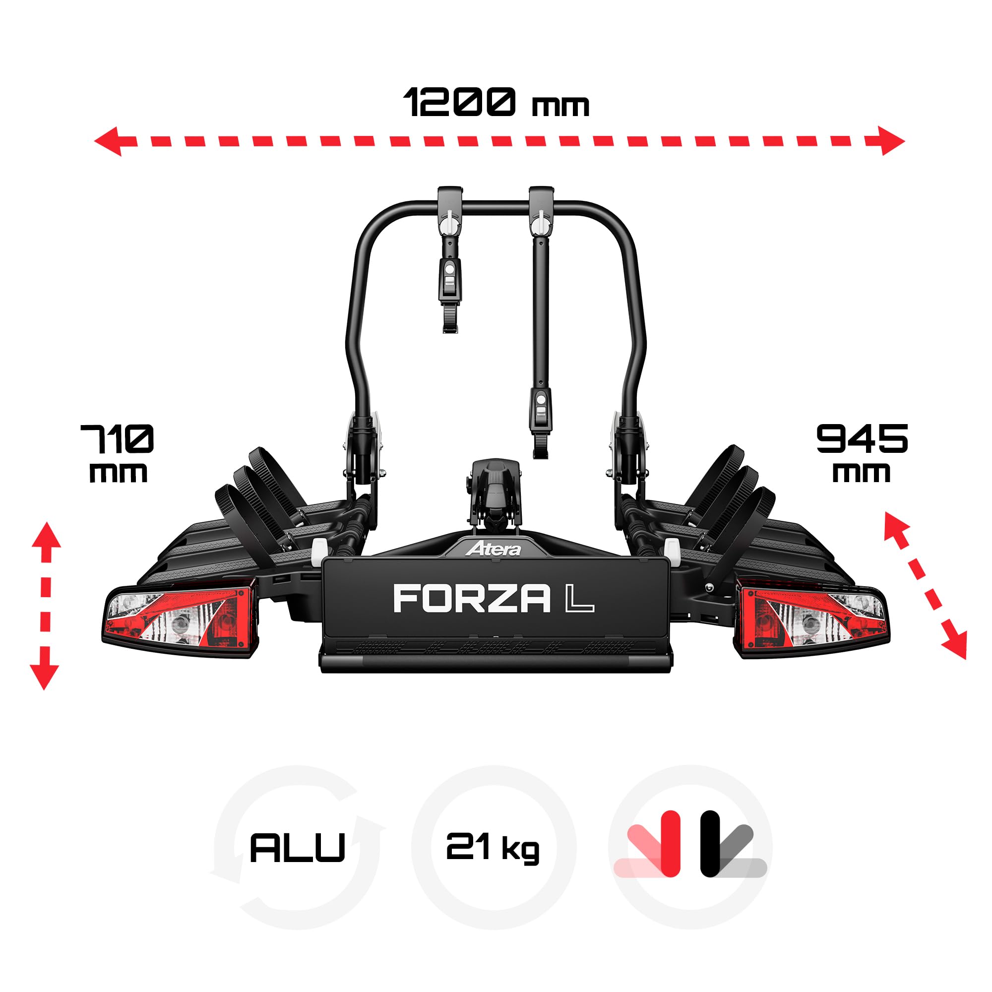 Atera Fahrradheckträger Forza L, für 3 Fahrräder, Schwarz | Auto-Kupplungsträger mit Rückleuchten, faltbar, für 3 Fahrräder oder schwere E-Bikes, Art. Nr. 022801