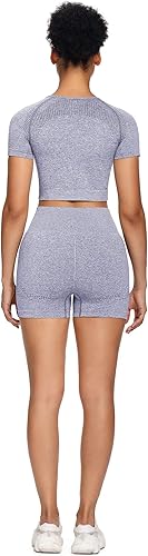 Miniatura 6 de Sytiz Conjunto de 2 piezas de yoga sin costuras para mujer, pantalones cortos de gimnasio y camiseta corta de manga corta