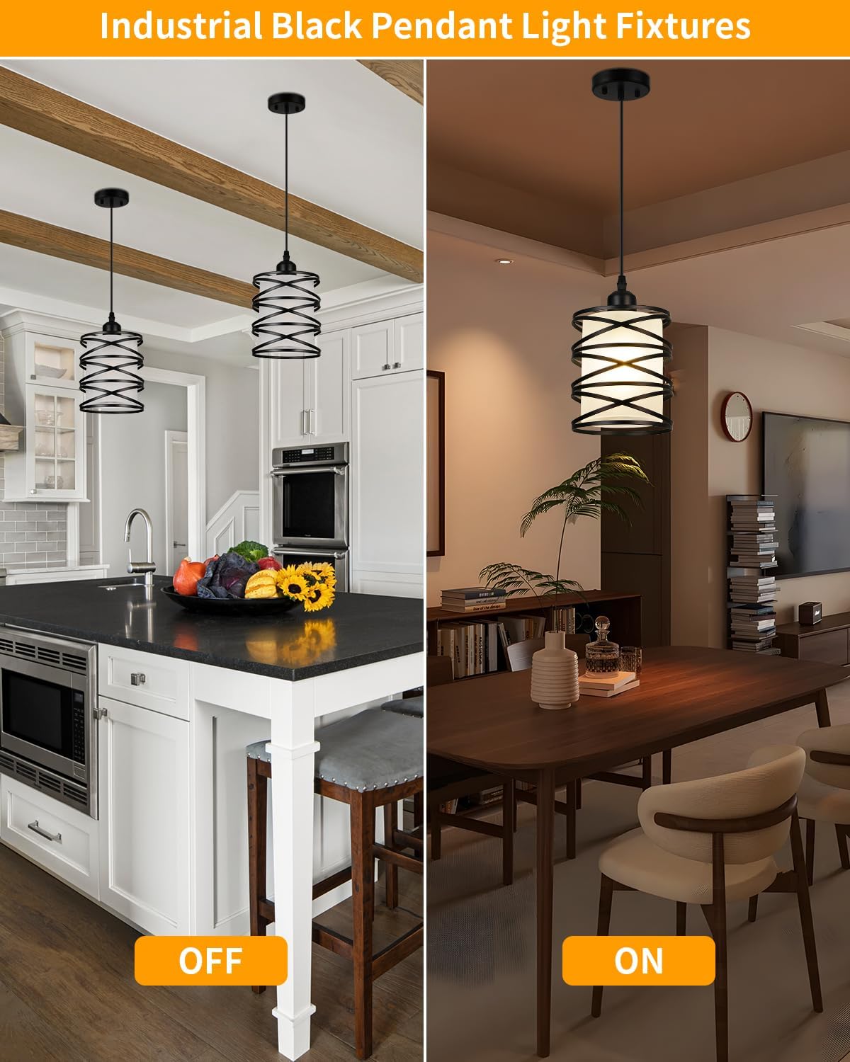 Black Pendant Lights for Kitchen Island, Industrial Pendant Light Fixture with Frosted Glass Shade, Farmhouse Adjustable Spiral Iron Pendant Lighting for Dining Room Foyer Hallway Kitchen