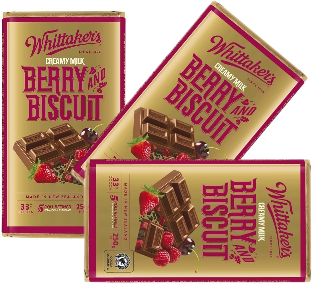 Classic Block, Crafting New Zealand’s finest chocolate since 1896, Imported from New Zealand (Pack of 3, Berry & Biscuit, 33% COCOA • 5 ROLL REFINED, 250G)
