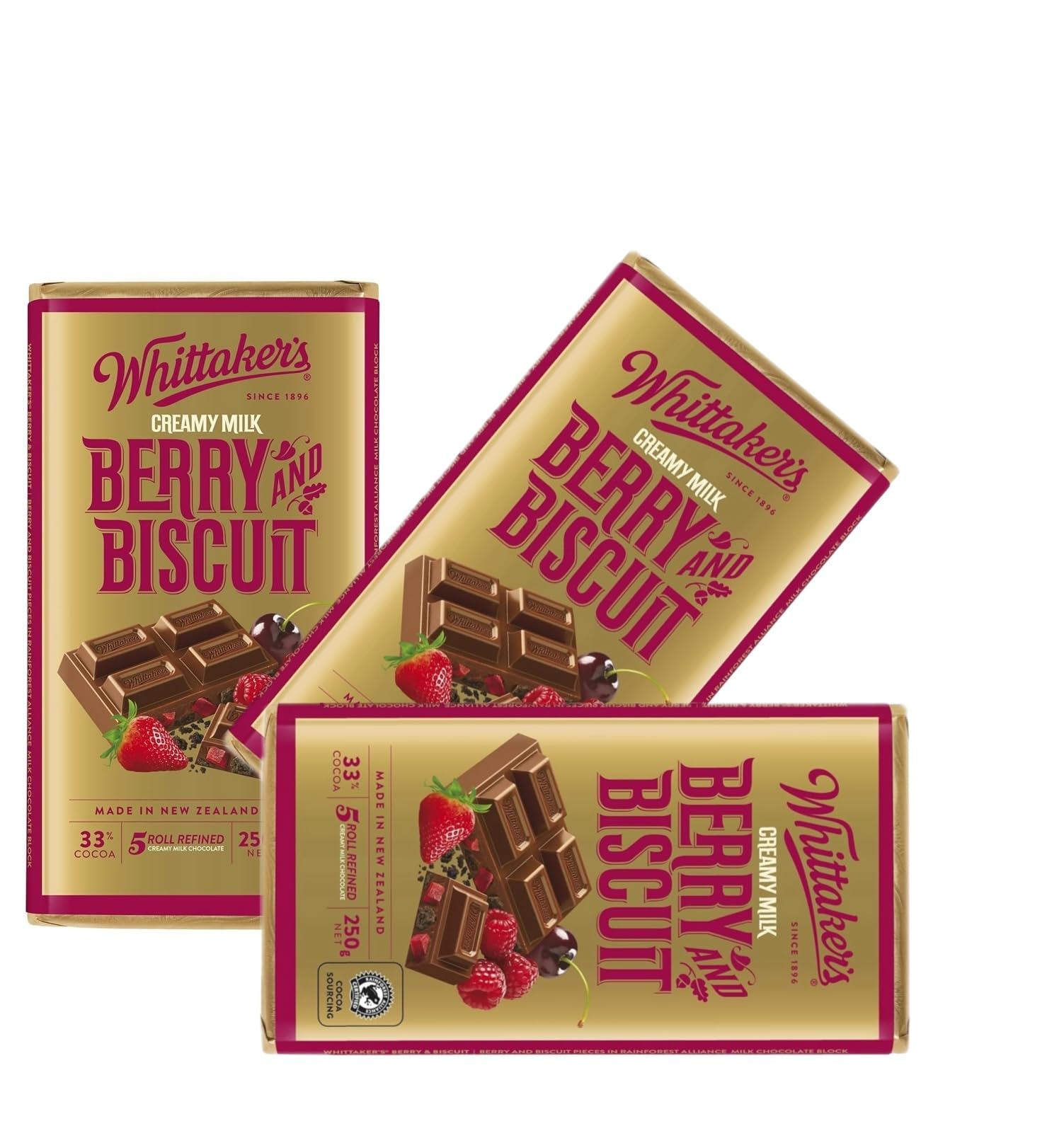 Whittaker's Classic Block, Crafting New Zealand’s finest chocolate since 1896, Imported from New Zealand (Pack of 3, Berry & Biscuit, 33% COCOA • 5 ROLL REFINED, 250G)