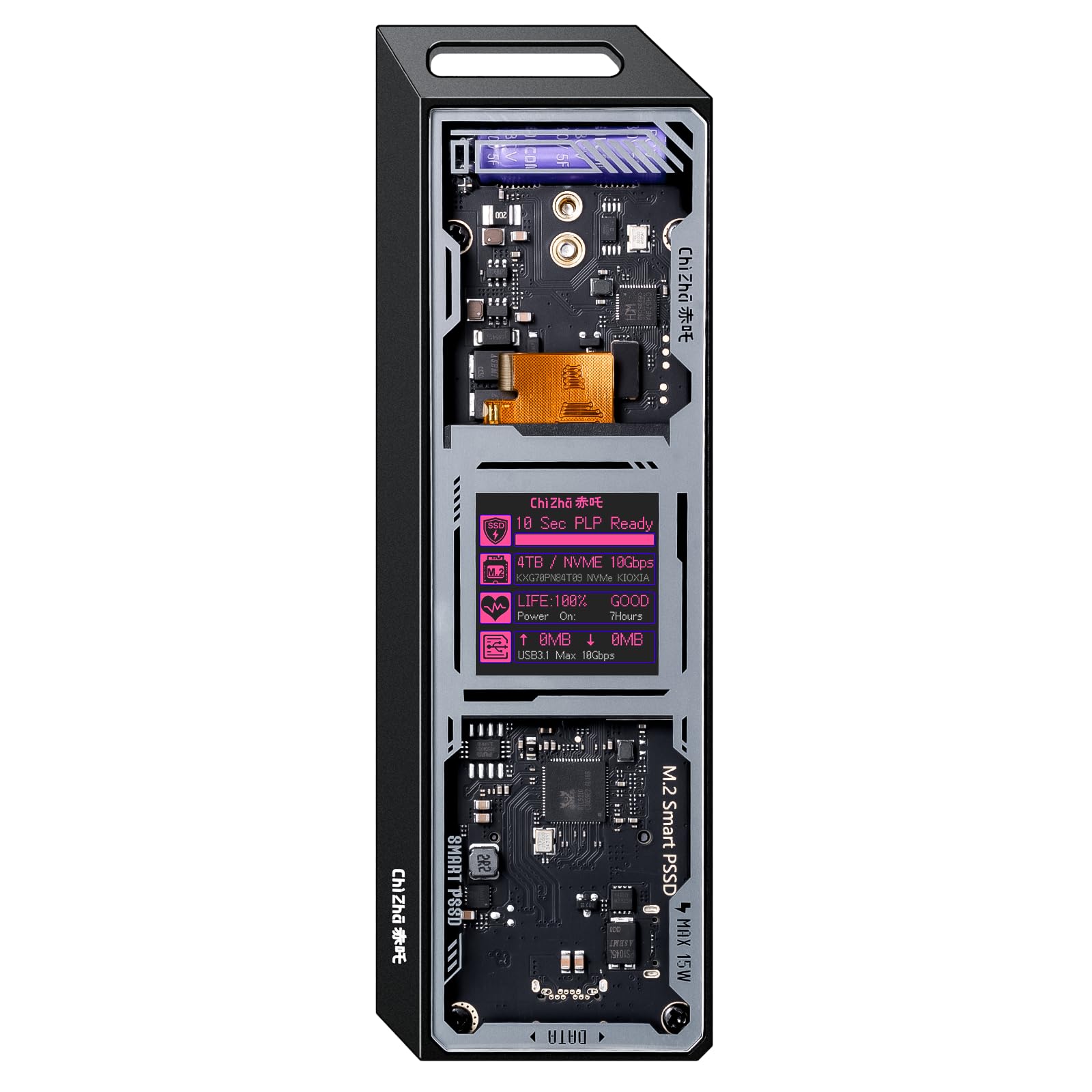 Chizha Smart Case SSD M2 Xenomorfo, Protezione di Alimentazione di 10s, Rilevamento della salute dell'SSD, Doppie Porte USB-C 3.2 Gen 2 (10Gbps) NVMe Case Supporta NVMe SSD fino a 4TB - Nero