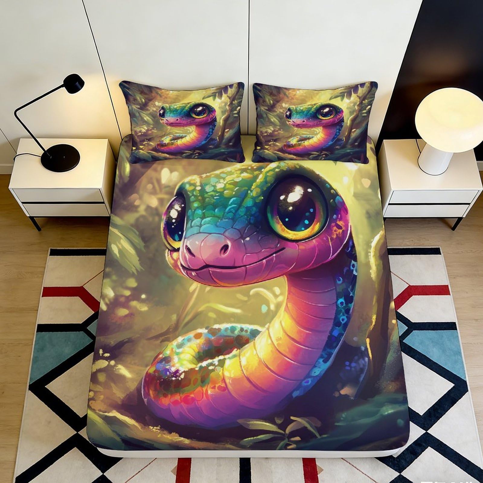 3D Printed Colorful Cartoon Snake Fitted Sheet Microfiber Soft Breathable Cute Reptile Bed Cover for Bedroom Dormitory Guest Room Mattress Protection Decor 180x200x25cm