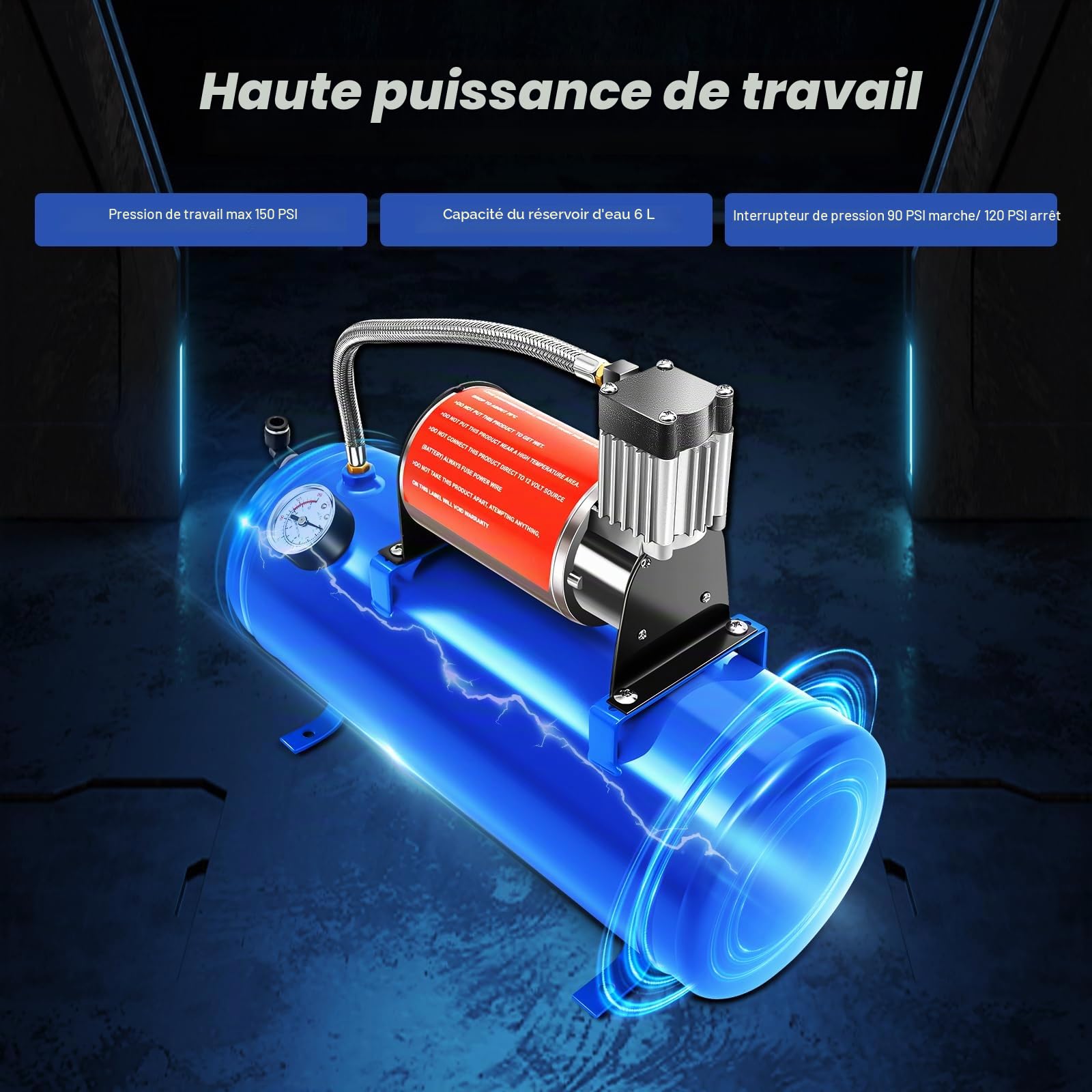 Compresseur, 12 V, 4 trompettes, kit klaxon, 150 psi, compresseur d'air, avec réservoir de 6 l, pour gonfler les pneus de voiture, ballons, jouets, bateaux