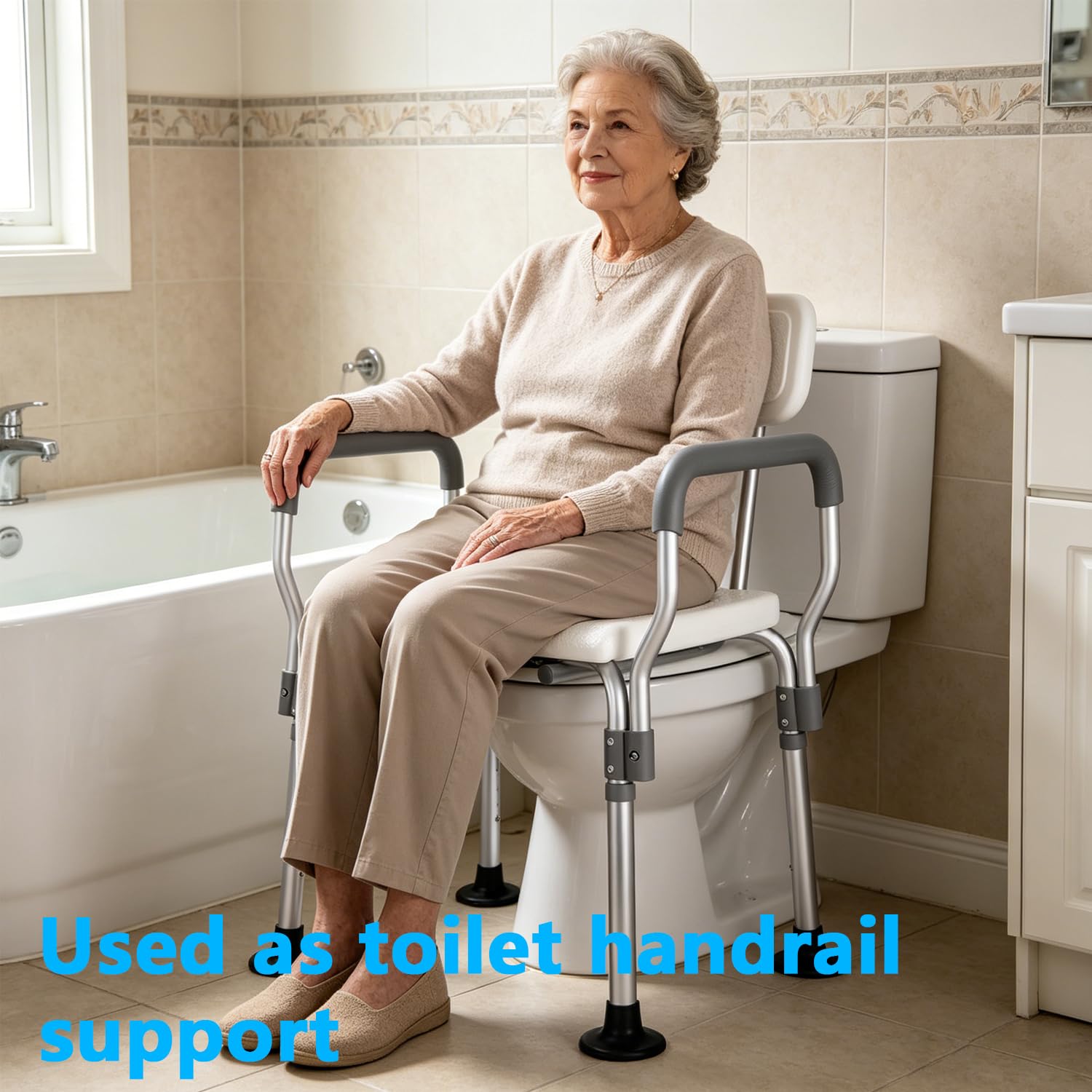 Silla de ducha 4 en 1, silla de ducha ajustable en altura con reposabrazos, cubo extraíble con marco de aluminio resistente, asiento de inodoro portátil para personas mayores, adultos discapacitados