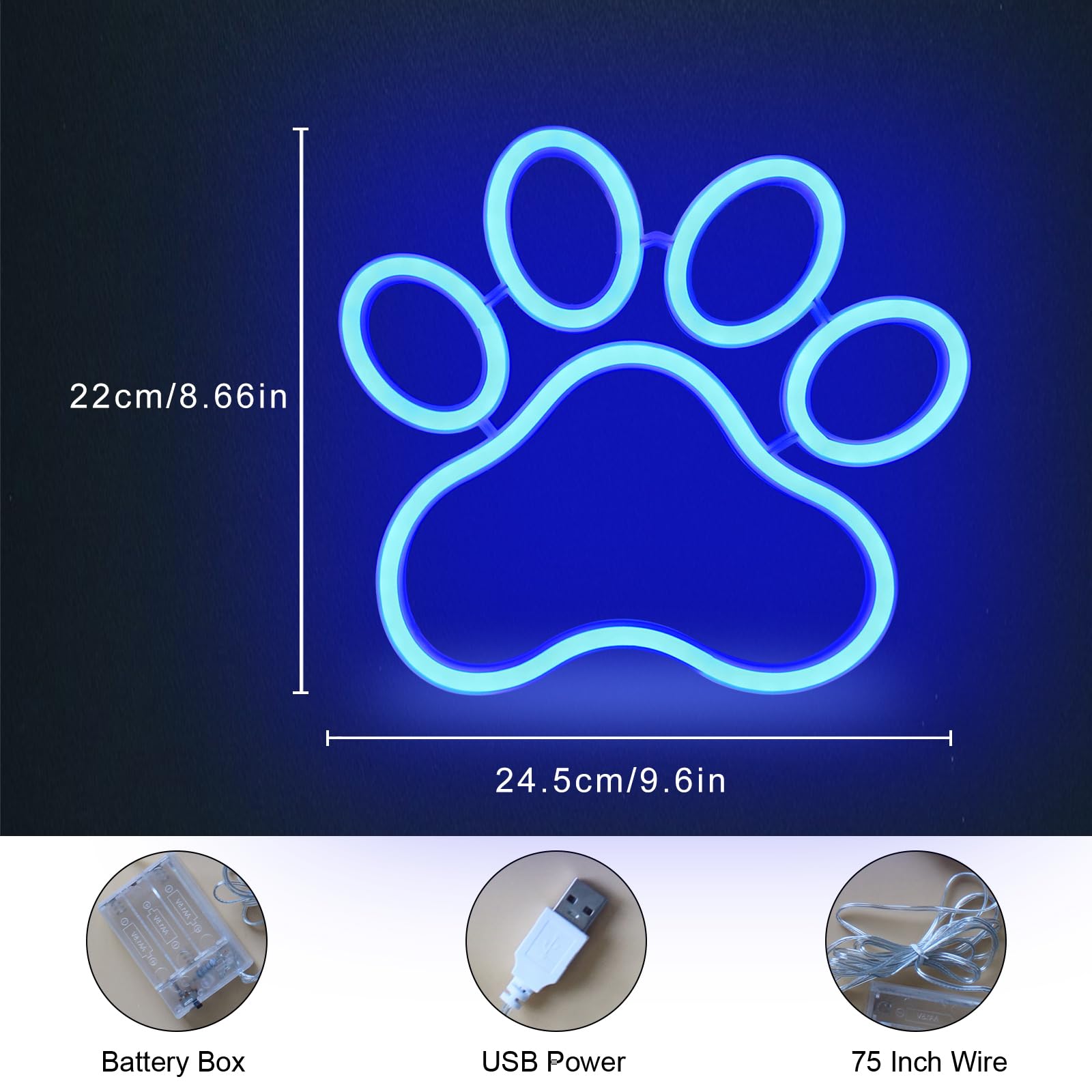 DAKABUKA Dog Cat Paw Neon Sign Paw Print Neon Sign Dimmable Neon Light for Pet Shop Pet Clinic Bedroom Wall Decor USB Powered Neon Light Wall Sign Art Decor (Blue) - Image 4