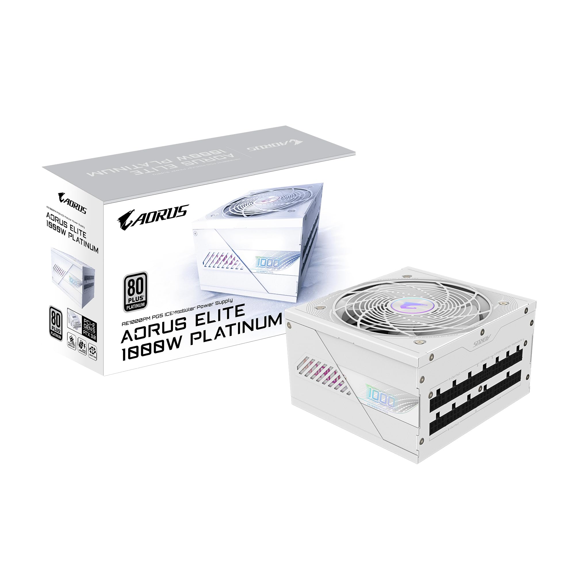 GIGABYTE AORUS Elite P1000W Ice Power Supply - PCIe 5.0, 80 Plus Platinum, Fully Modular Design, 120mm Fan, ATX 3.0 Compatible, EU Plug