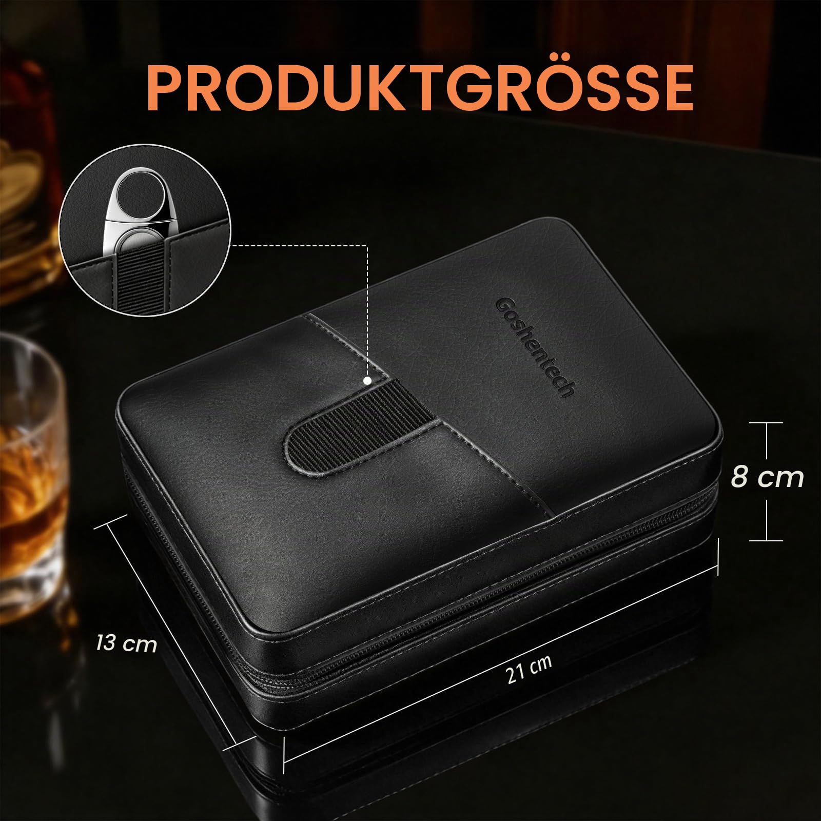 Lederetui aus Zedernholz, Reisebox mit Hygrometer, Kapazität: 6 Stück, Draw Enhancer Tool, Geschenke für Männer (Schwarz)
