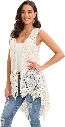 Miniatura 3 de Chaleco de encaje de ganchillo para mujer, estilo bohemio, sin mangas, kimono con dobladillo irregular