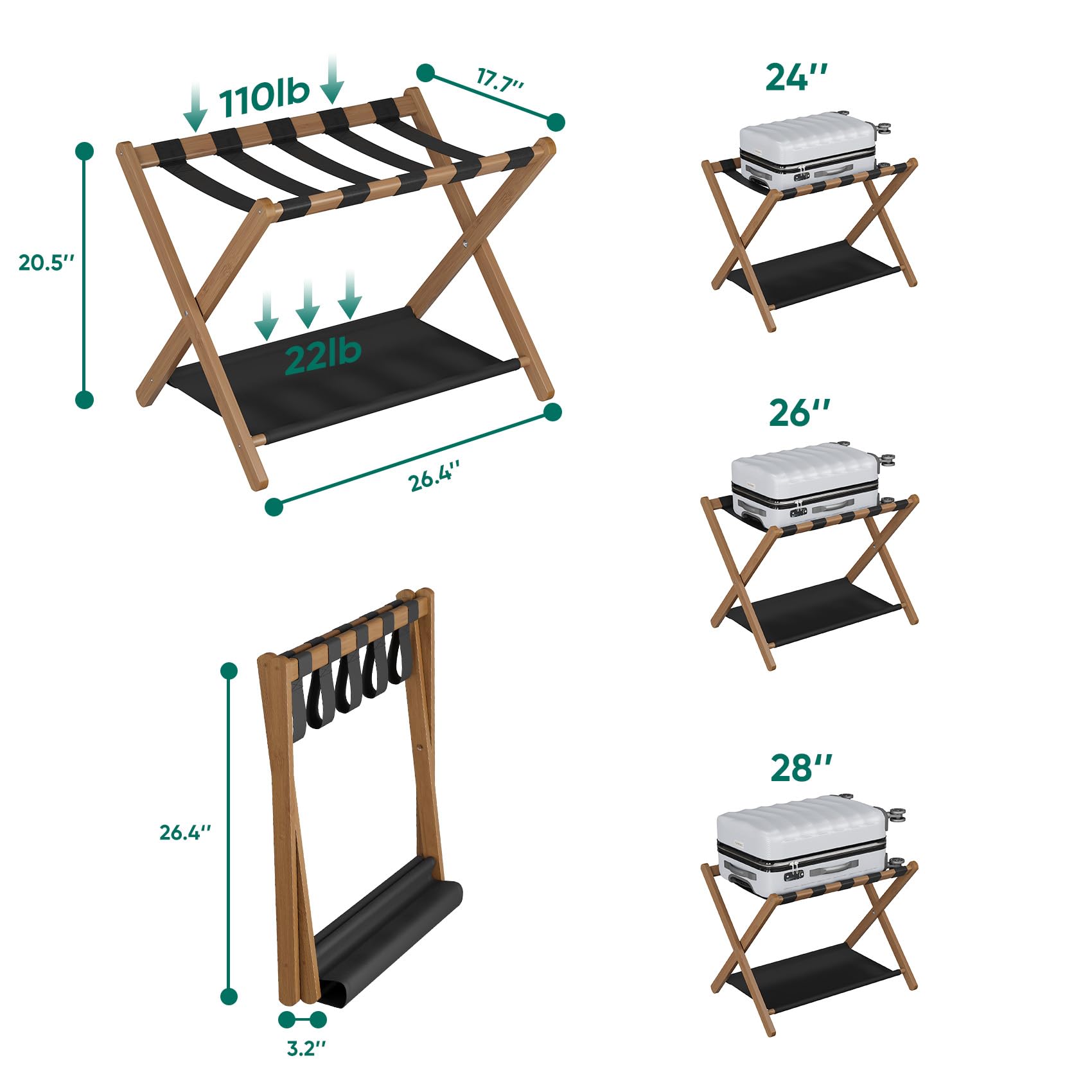 Smuxee Paquete de 2 portaequipajes de bambú de nogal, soporte plegable para maleta con estante de almacenamiento, soporte de equipaje fácil de montar con 5 correas de nailon para habitación de