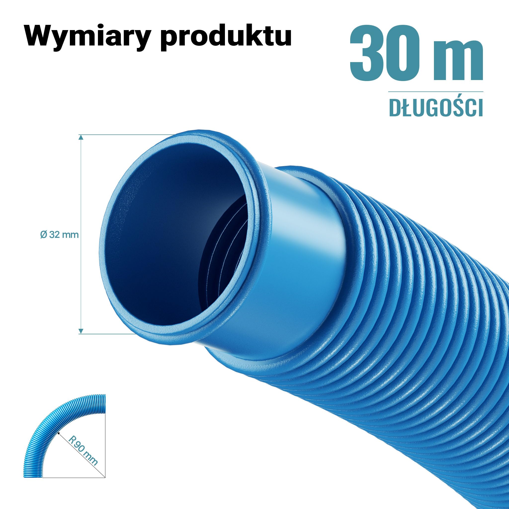 Wiltec Wąż do basenu o długości 30 m, Ø 32 mm niebieski wąż ssący do pompy basenowej z mufami, wąż solarny - Made in EU