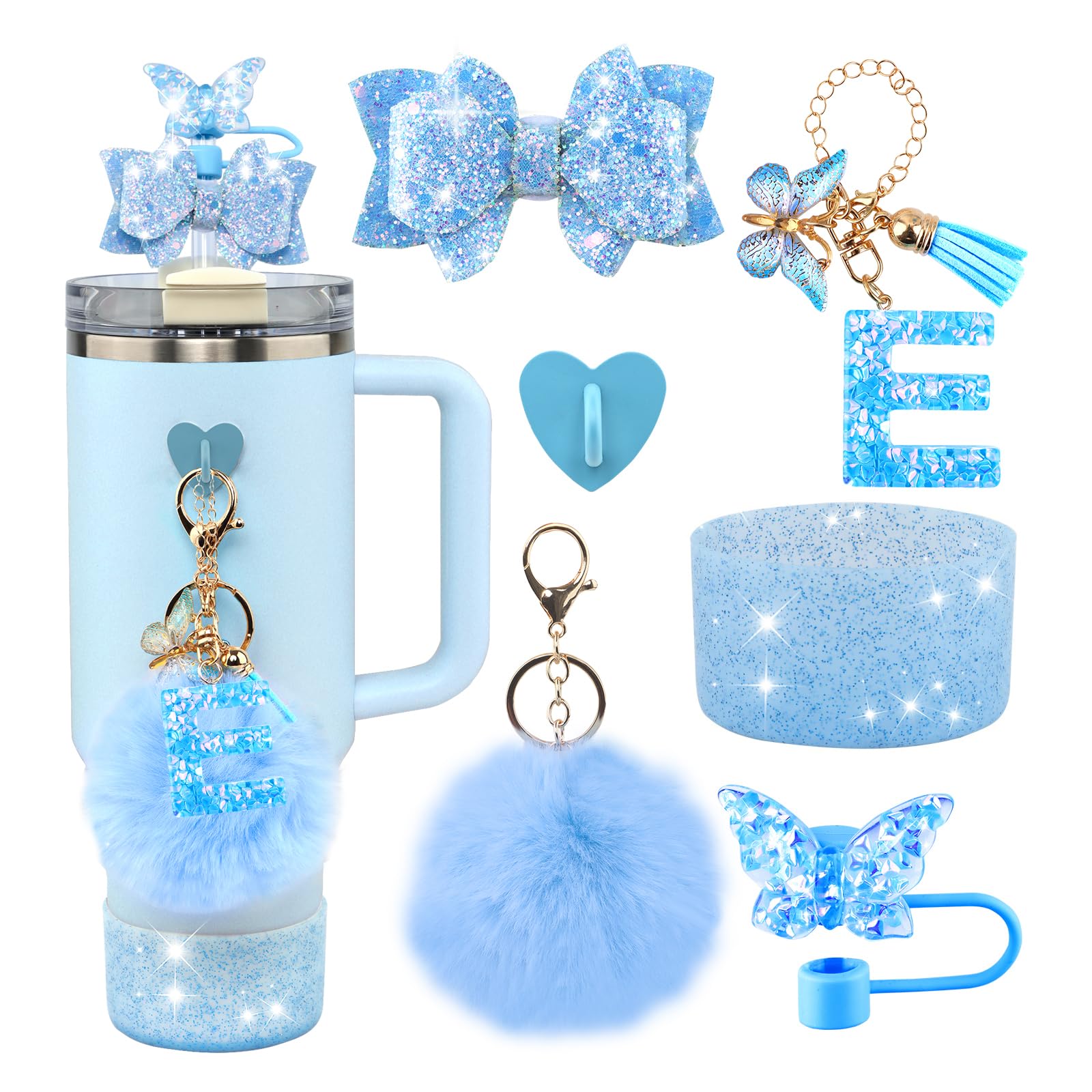 Rabrgab 6Pcs Blue Stanley Cup Accessories Set - Butterfly Straw Topper Cover Cap, Bling Bow for Straw, Sparkly Silicone Boot, Letter Charm and Pompom