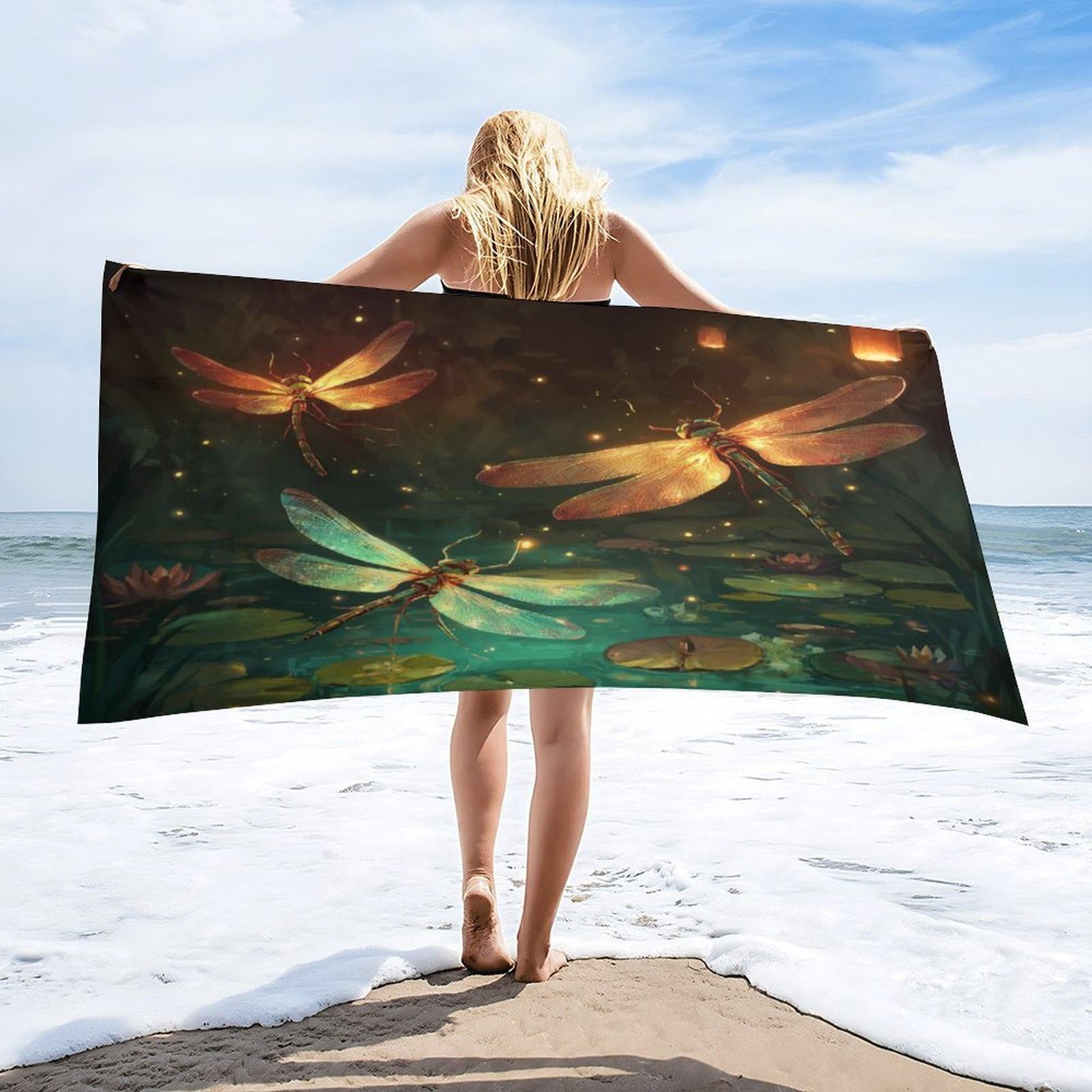 Luyysky Cute Fantasy Animal Dragonfly Quick-Drying Beach Towel, Japanese Abstract Starry Sky Galaxy Plant Lotus Flowers Travel Vacation Single Sided Pile Bathroom Towels-80 W Cm X 160" L Cm