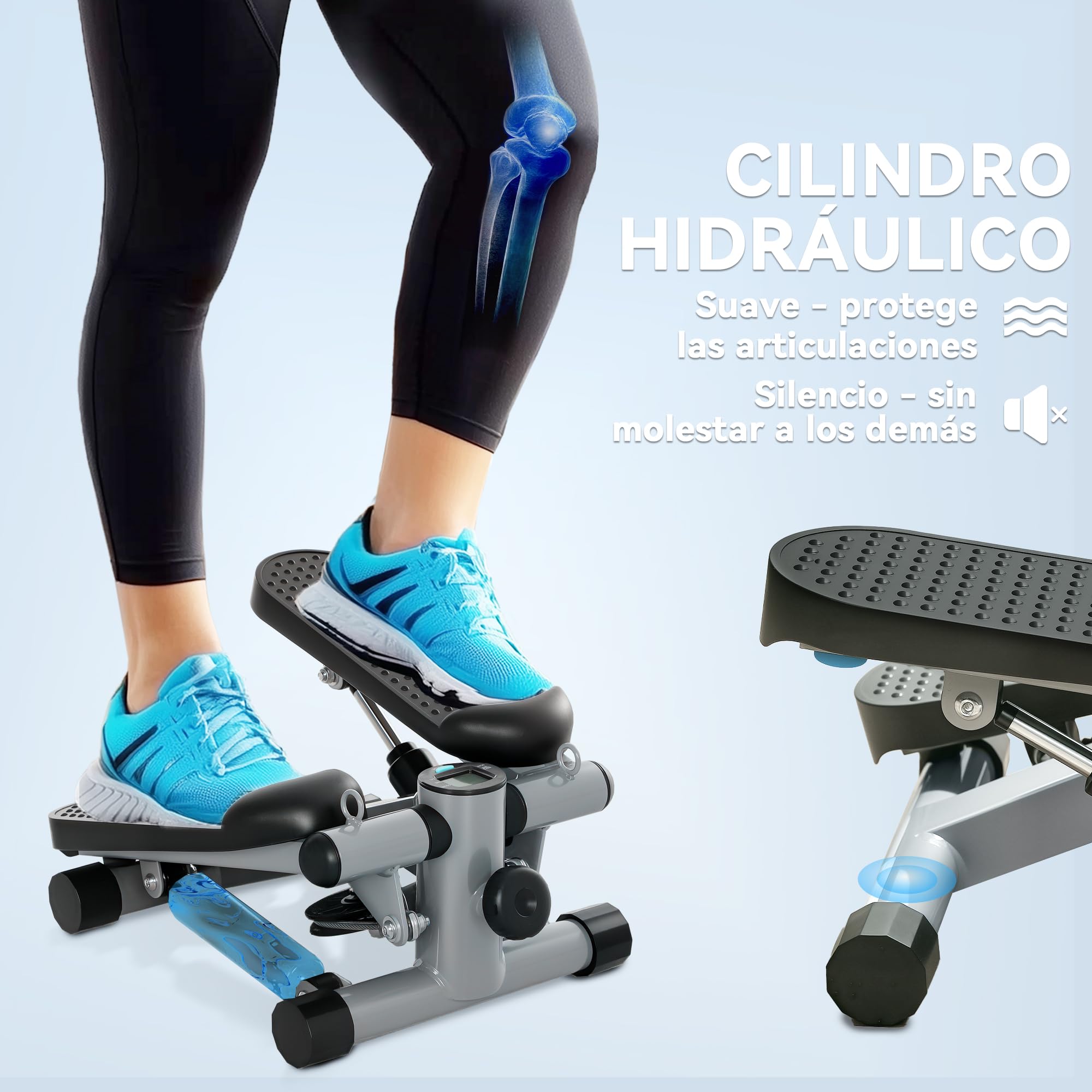 SPORTNOW Mini Stepper para Hacer Ejercicio en Casa Máquina de Escalada Compacta con Bandas de Resistencia Monitor LCD Pedales Antideslizantes Ajustables en Altura para Entrenamiento de Cuerpo Gris