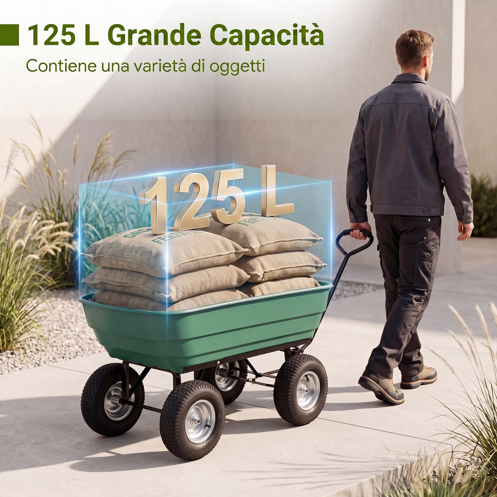 COSTWAY Carriola da Giardino 125 L, Carrello da Giardino in Metallo con Vasca Ribaltabile, Manico Regolabile e Ruote Pneumatiche, Carrellino da Giardinaggio per Giardino e Cortile, Portata 410 kg