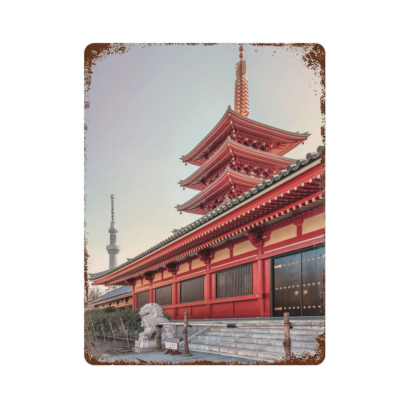 Rust Effect Tokyo Architecture Rusty Metal Tin Sign 15.7"x11.8", Old School Wall Decor for Basement, Hobby Room And Garage Decor