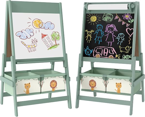 AIYAPLAY Kinder Staffelei 3 in 1 Kindertafel Standtafel mit Kreidetafel, Whiteboard, Papierrolle, 2 Aufbewahrungsboxen, Spiel-Tafel mit Löwen- und Tigermotiv, für Kinder 3-8 Jahre Grün - 1