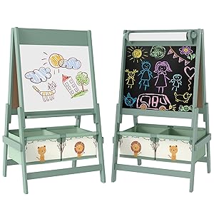 AIYAPLAY Pizarra Infantil Caballete 3 en 1 Pizarra Infantil de Doble Cara Caballete de Pintura para Niños de +3 Años con Rollo de Papel y Cestas de Almacenamiento 54x46x94 cm Verde