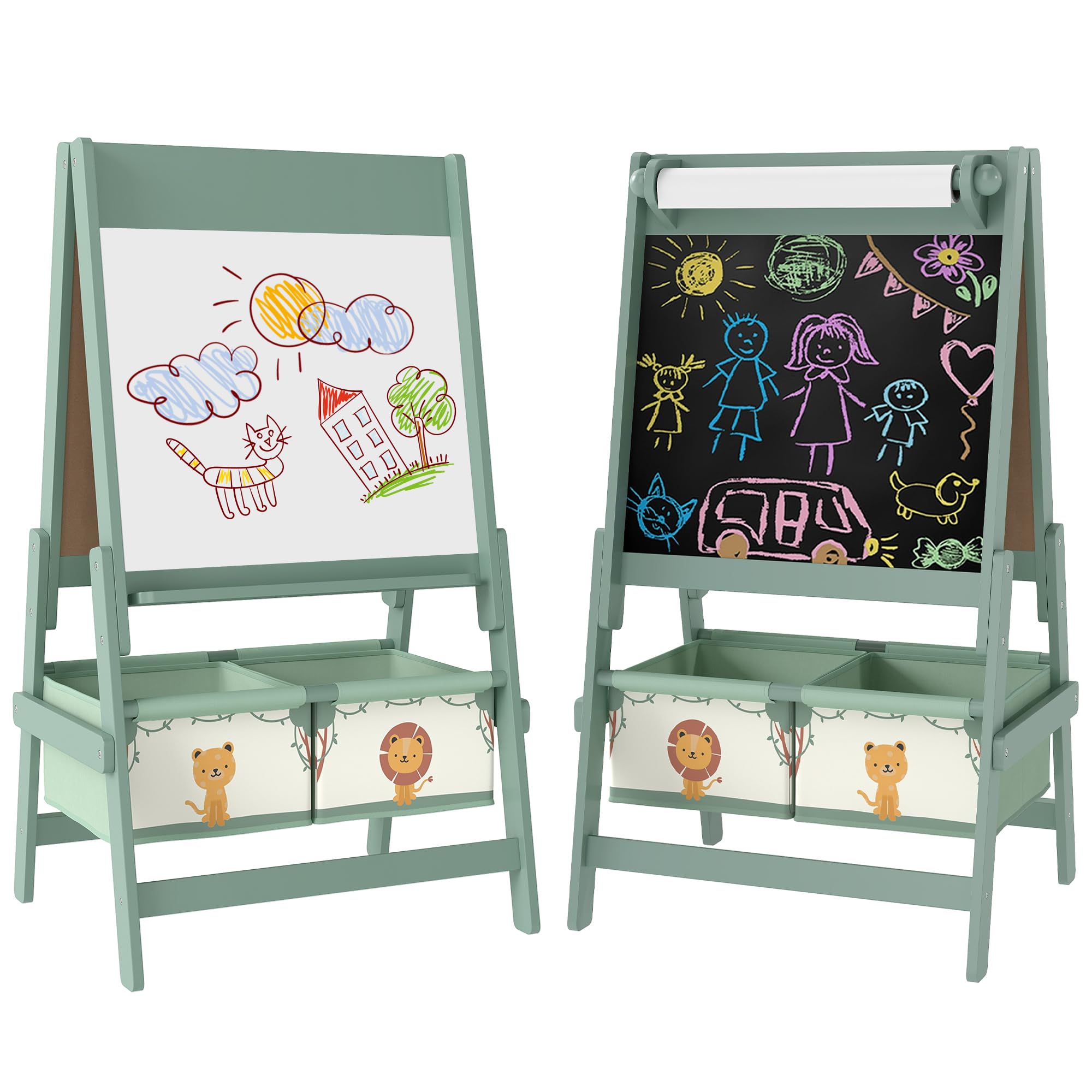 AIYAPLAY Lavagna per Bambini 3 in 1 con Rotolo di Carta e 2 Cestelli Portaoggetti, Lavagna con Cavalletto in Legno di Pino e MDF, 54x46x94 cm, Verde