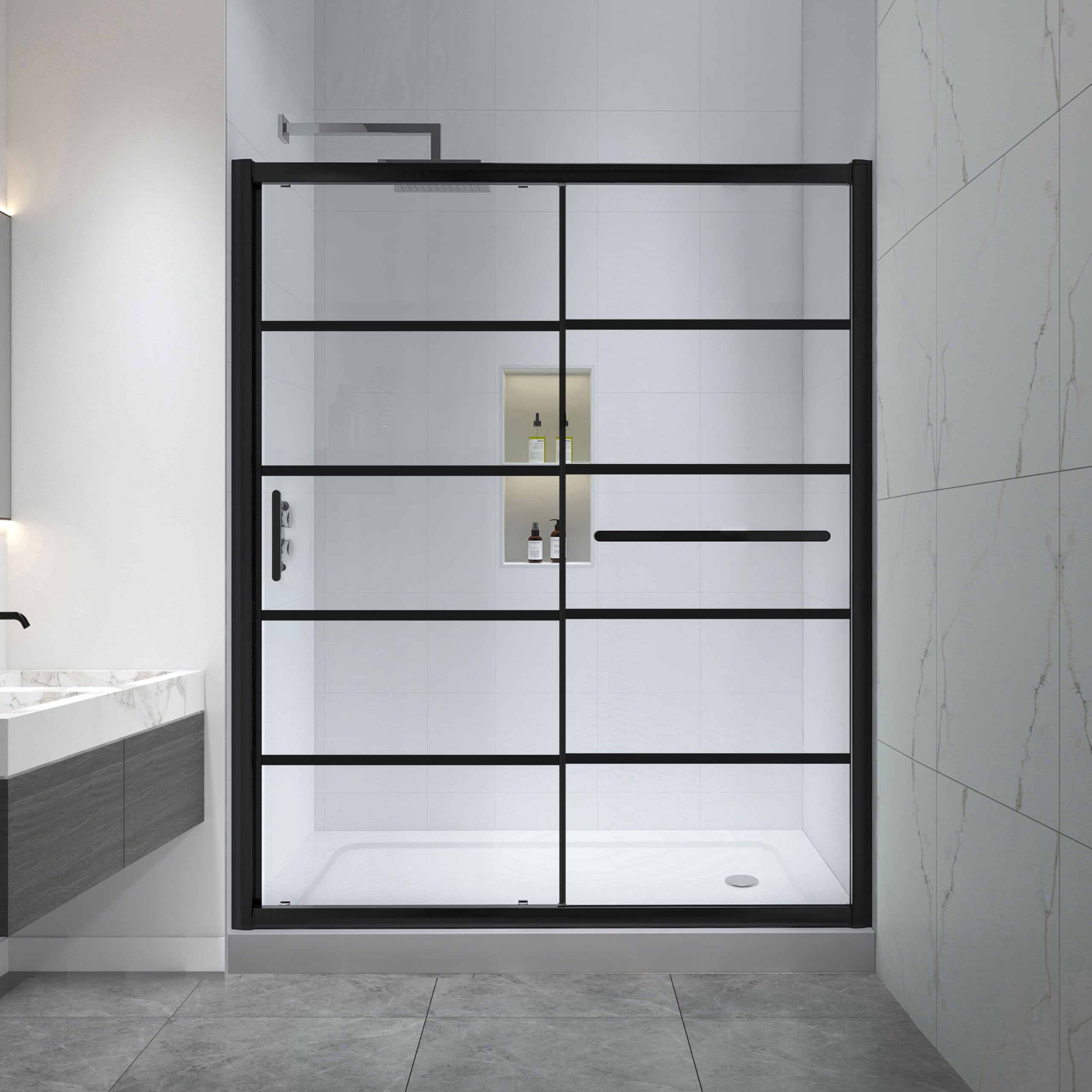 Photo 1 of FELYL Frosted Sliding Shower Door 55-60" W x 72" H, Matte Black, Single Sliding Door, Framed, 1/4" (6mm) SGCC Tempered Glass, Reversible Installation