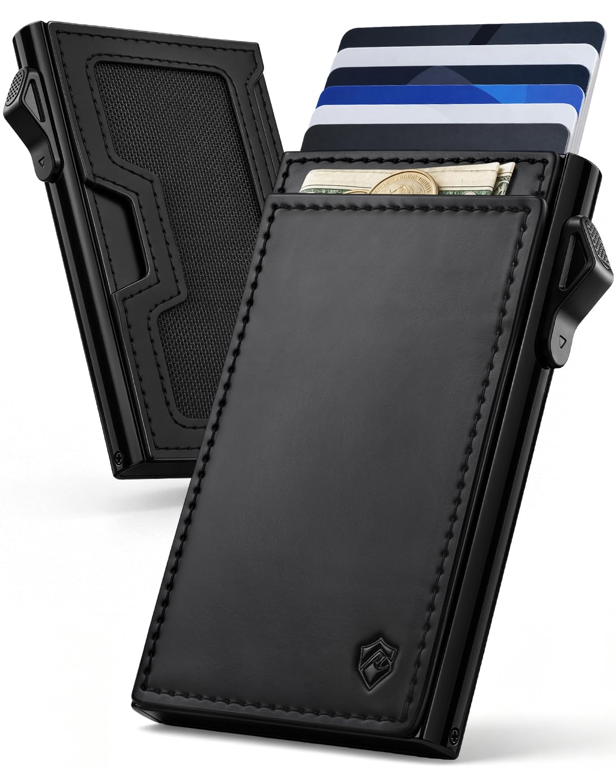 YESIIW ESIIW Slim Wallet mit Bauhaus-Stil - Pop up Portemonnaie Herren - Kartenetui mit Münzfach & ID Fenter - Klein Geldbeutel Herren mit RFID Schutz - für Alltag, Reise & Büro - Glänzend Schwarz