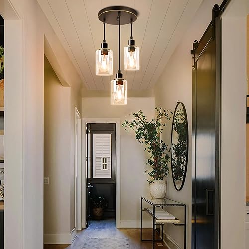 Vista 6 de MAXvolador Lámpara colgante industrial de 3 luces, lámpara de techo colgante ajustable con pantalla de vidrio transparente, iluminación colgante