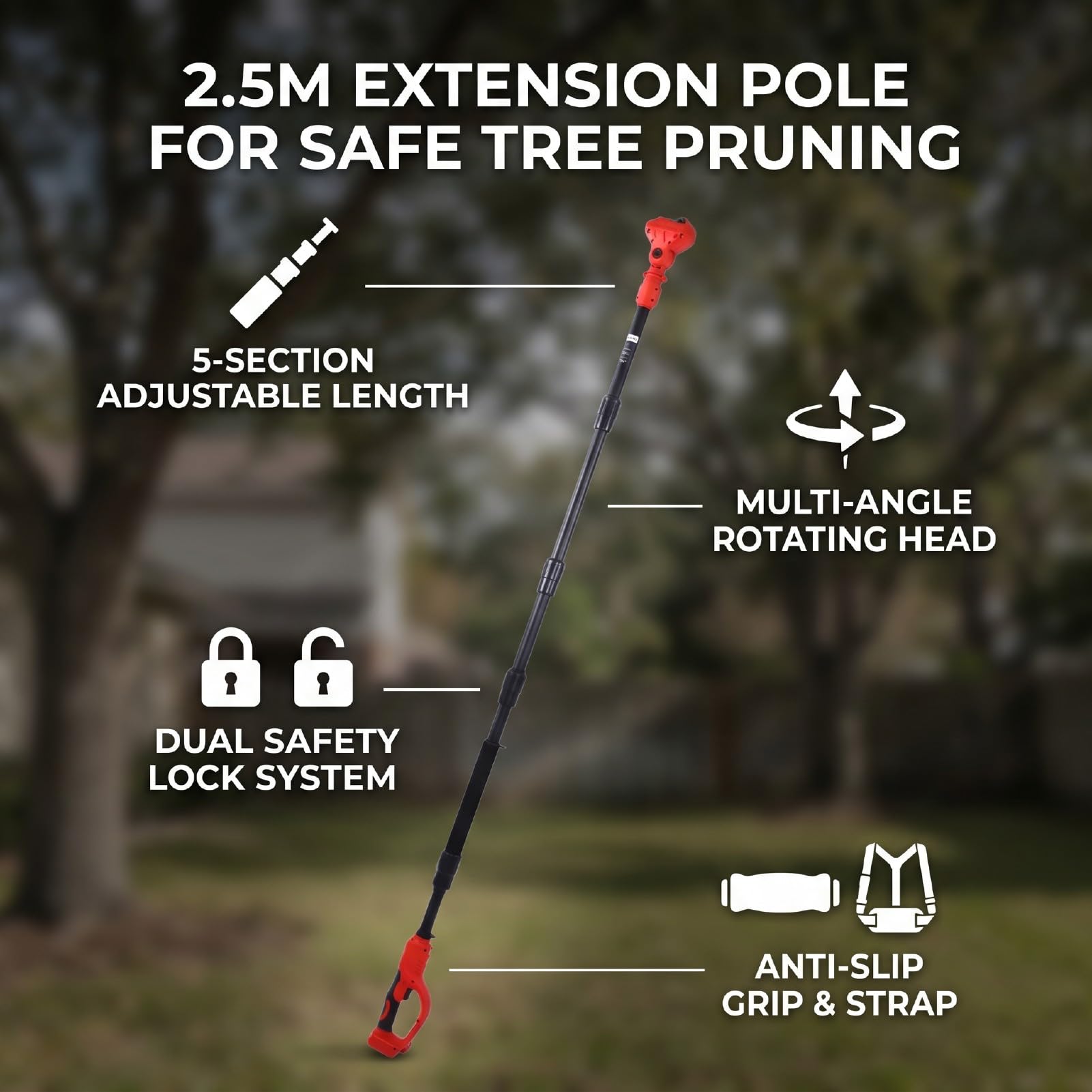 FTVOGUE Perche électrique Télescopique pour Tronçonneuse, 5 Sections, Tête Pivotante à 180°, pour élagage et Entretien des Arbres