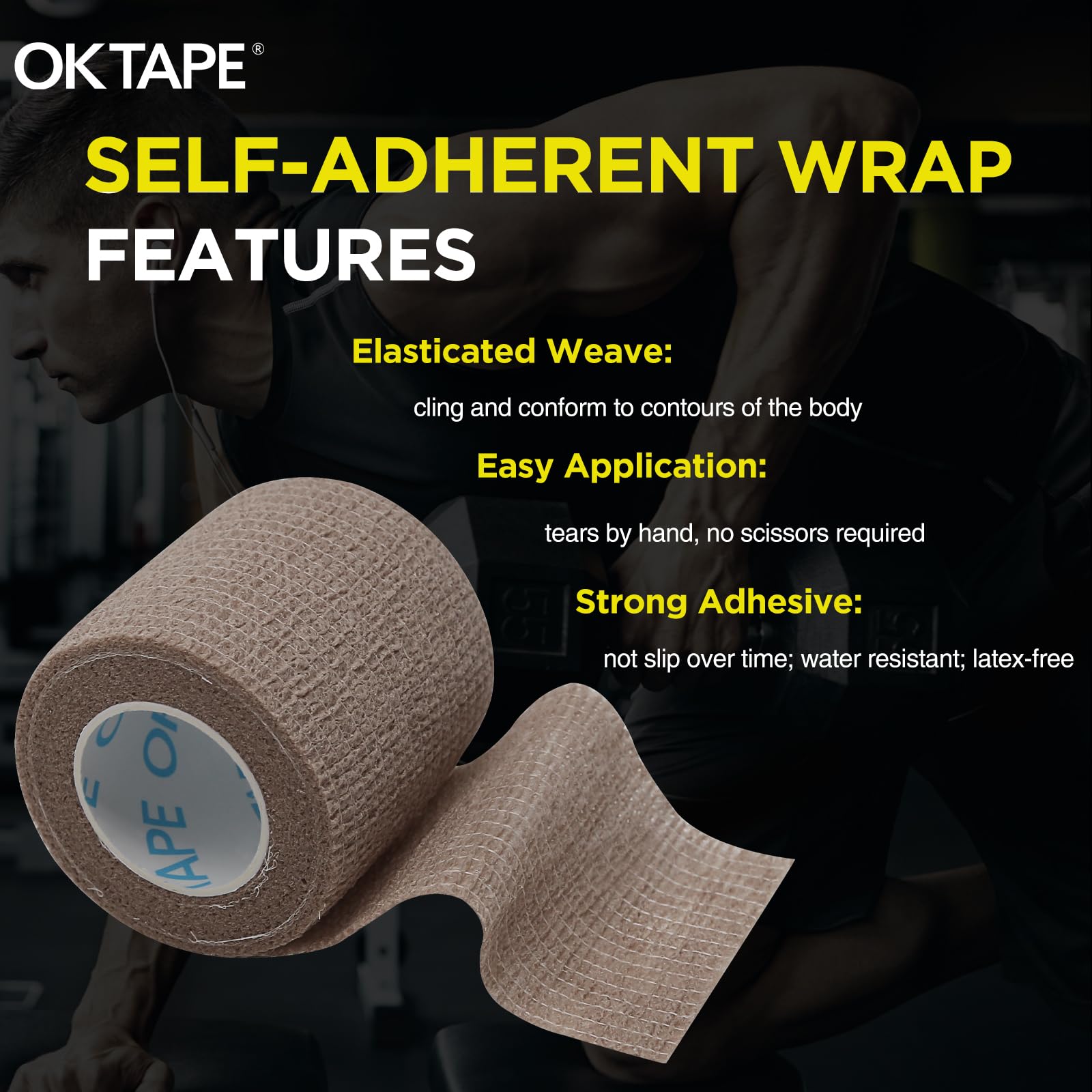 OK TAPE 12 Rolls Self Adhesive Bandage Wrap, Elastic Athletic Tape, Self Stick Bandage Tape, Vet Wrap, Medical Wrap for Wrist, Feet, 2" x 5 Yards - Black