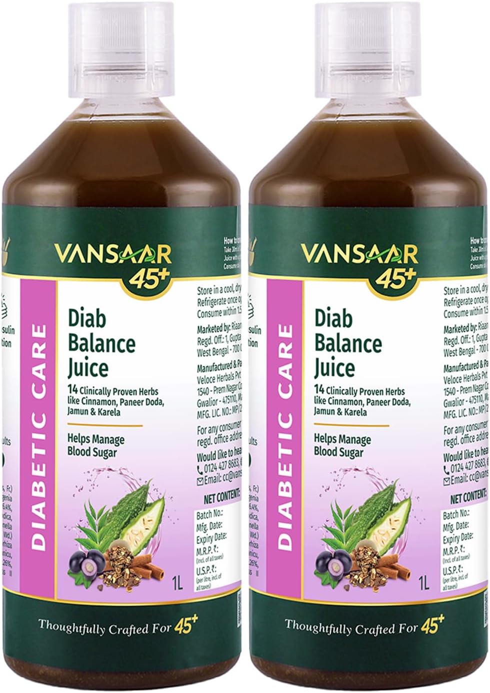 Vansaar 45+ Diab Balance Juice,1L (Pack of 2) | Karela, Jamun, Neem, Paneer Doda, Cinnamon &9 more Clinically Proven herbs for Diabetic Care & Sugar Control | Specially created with Jamun seeds to manage Blood Sugar